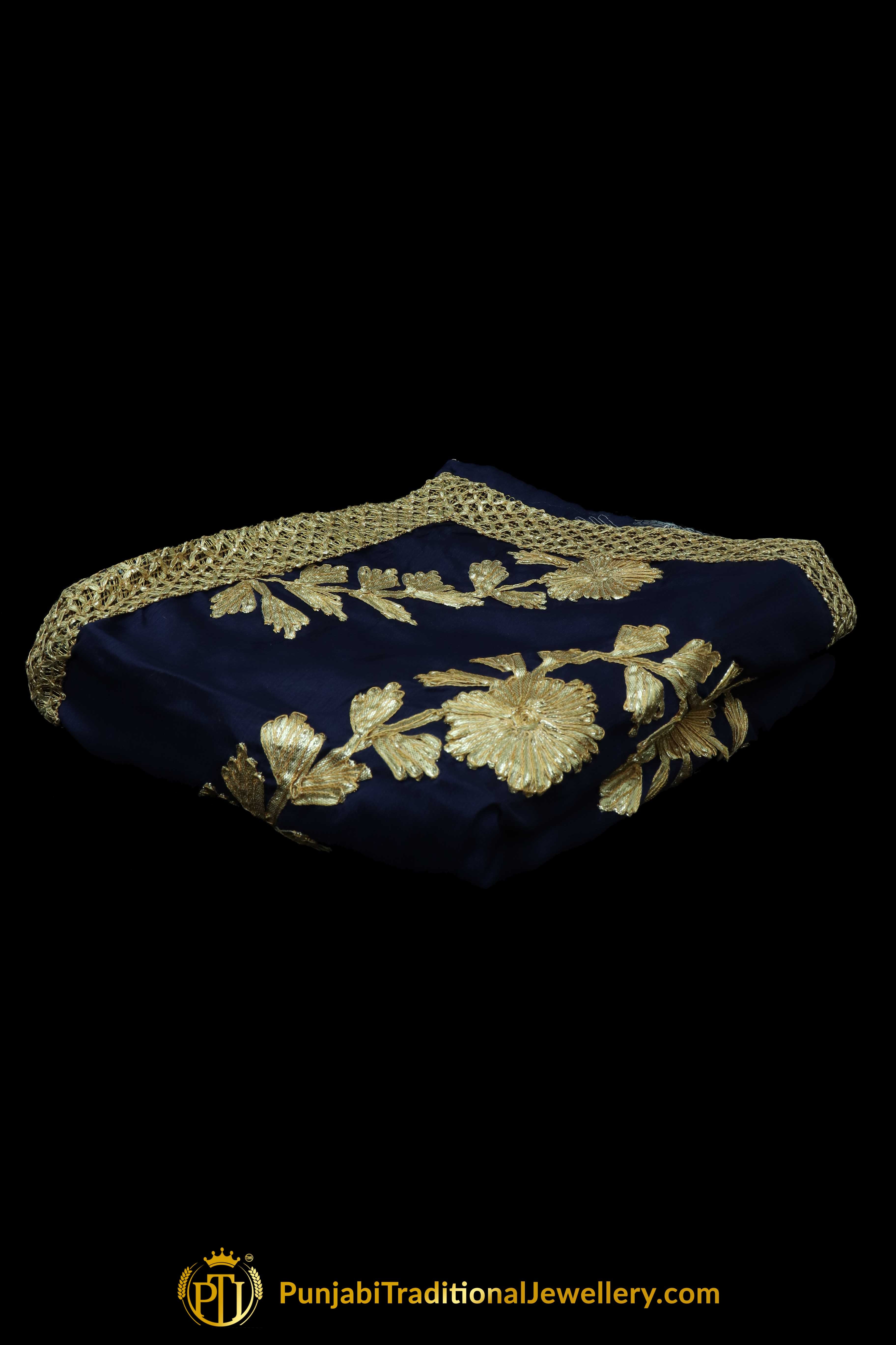 Pure Phulkari Dupatta With Golden & Navy Blue Color By Punjabi Traditional Jewellery