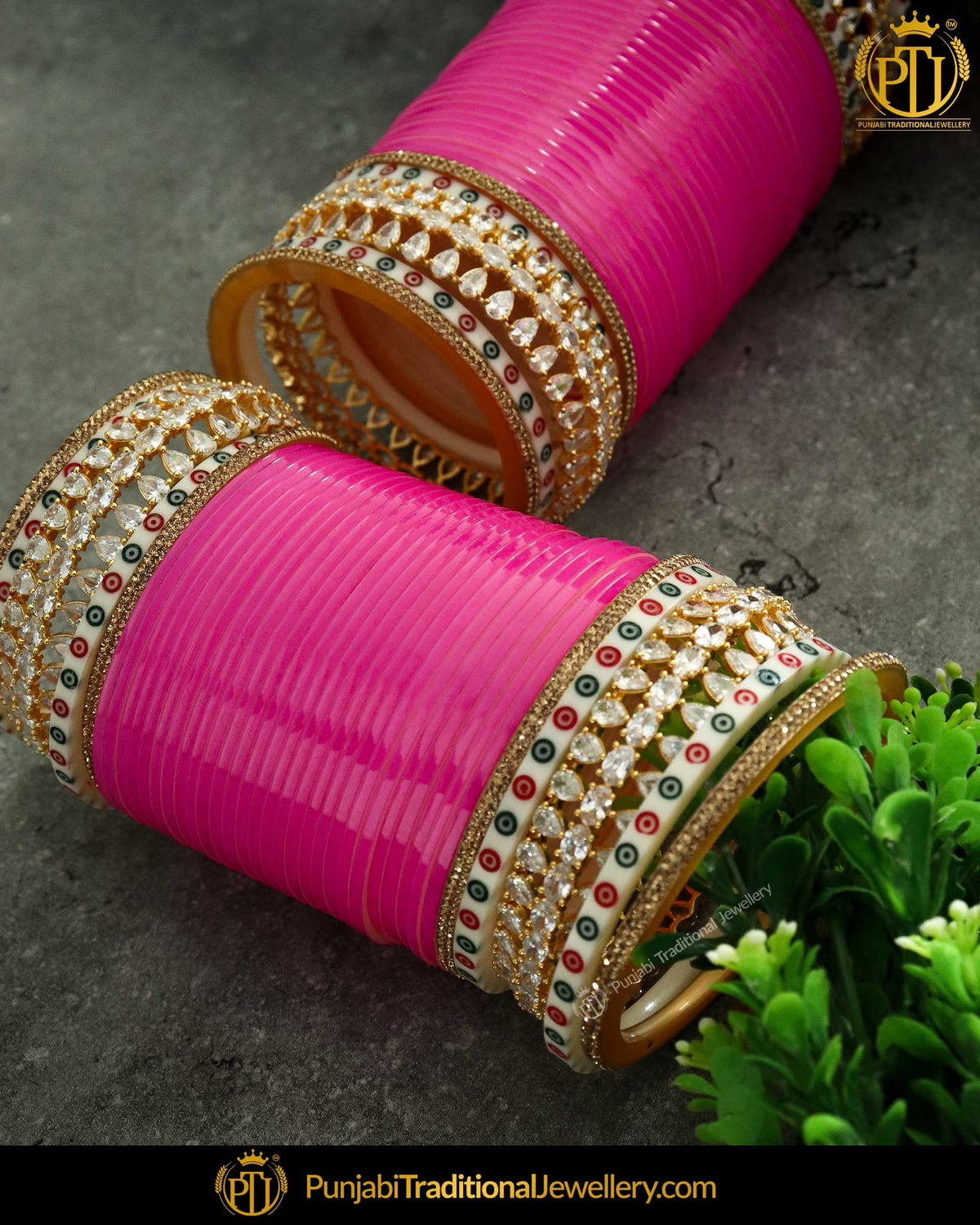 Hot Pink American Diamond Dotted Bridal Chura | Punjabi Traditional Jewellery Exclusive