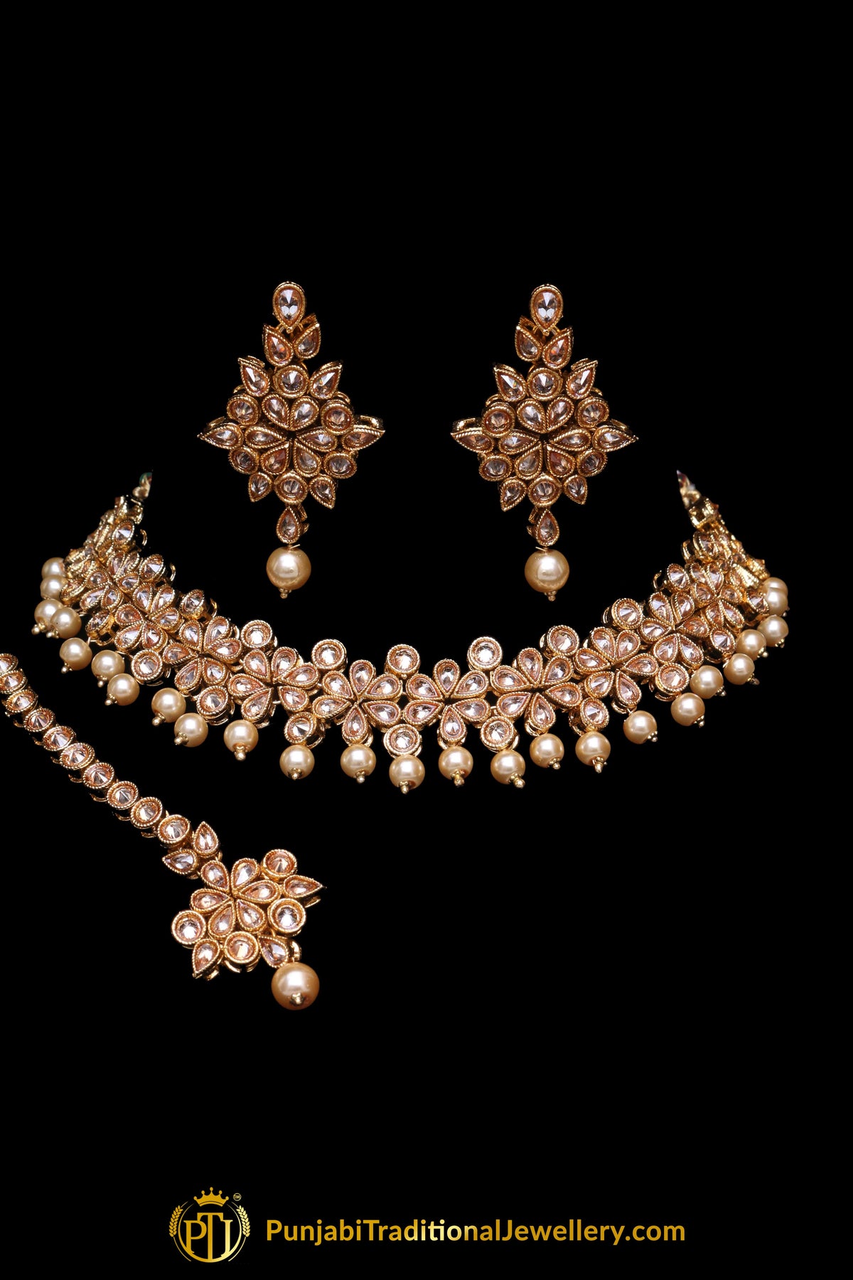 Pearl Champagne Stone Necklace Set By Punjabi Taditional Jewellery
