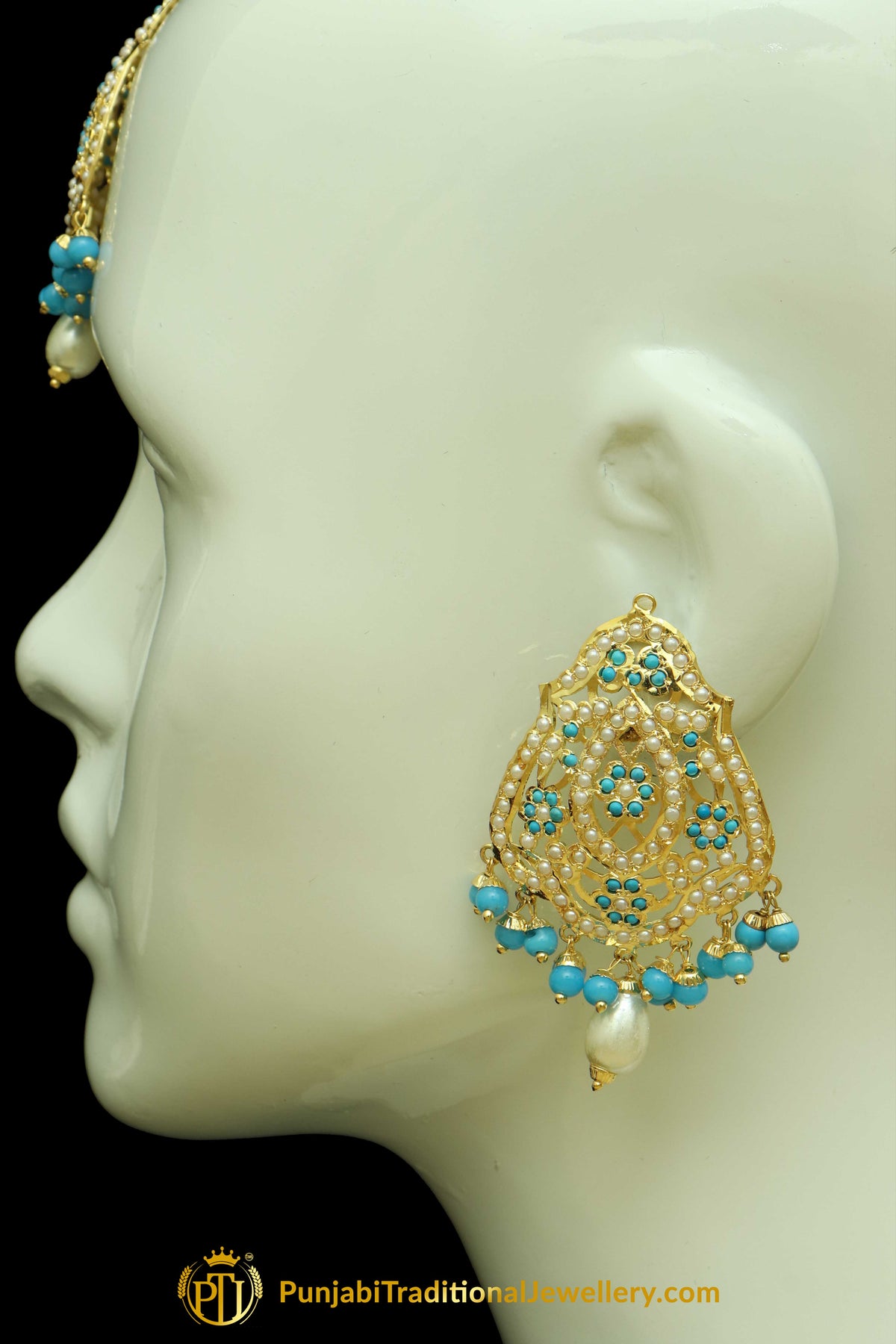 Gold Finished Firozi Jadau Earring Tikka Set By Punjabi Traditional Jewellery