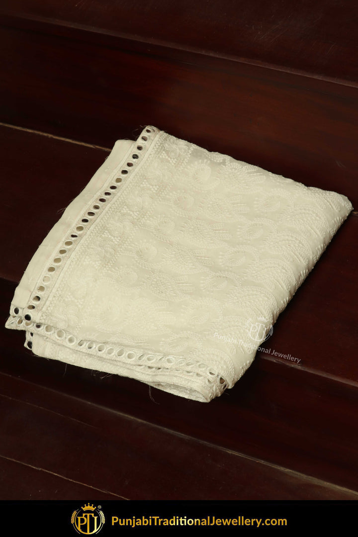 White Color Pure Phulkari Dupatta By Punjabi Traditional Jewellery