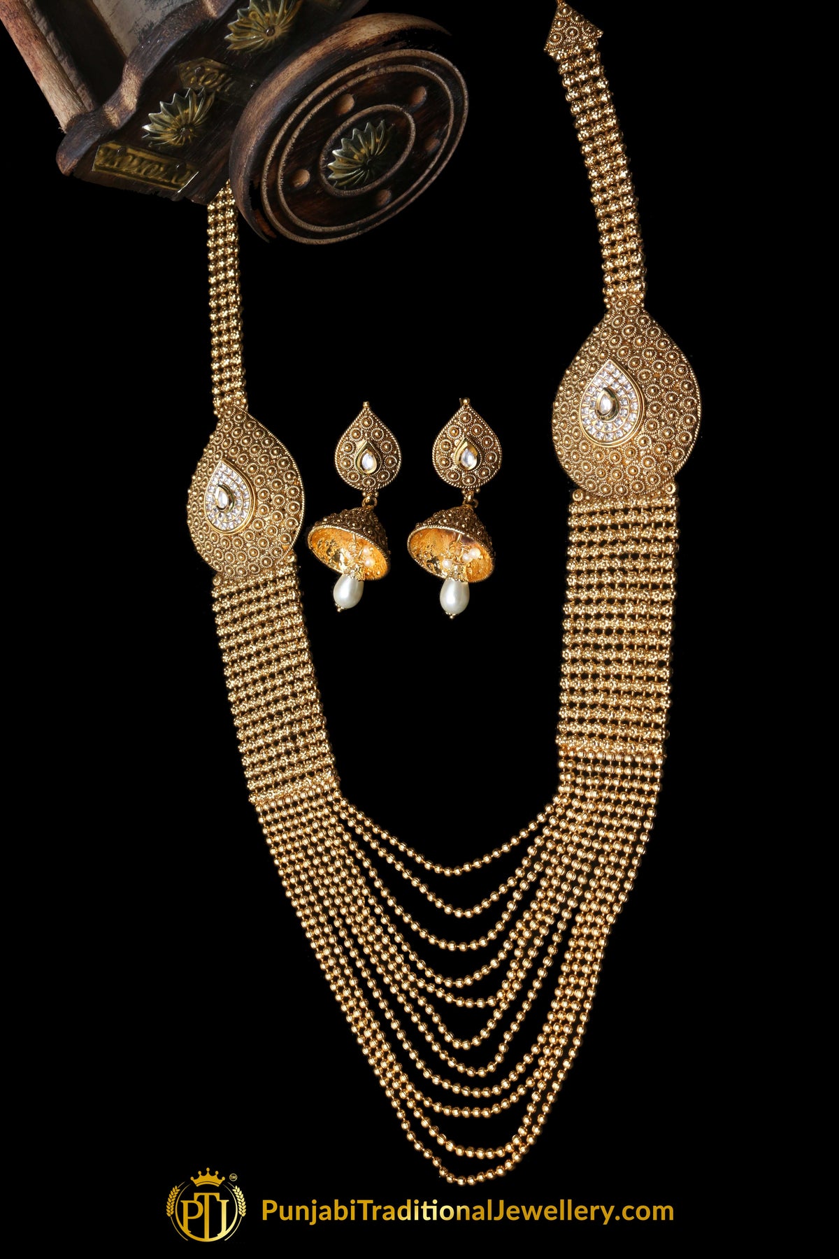 Golden Polki long Necklace Set By Punjabi Traditional Jewellery