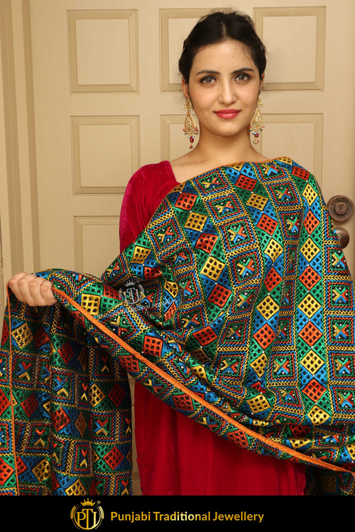 Multi Color Pure Phulkari Dupatta By Punjabi Traditional Jewellery