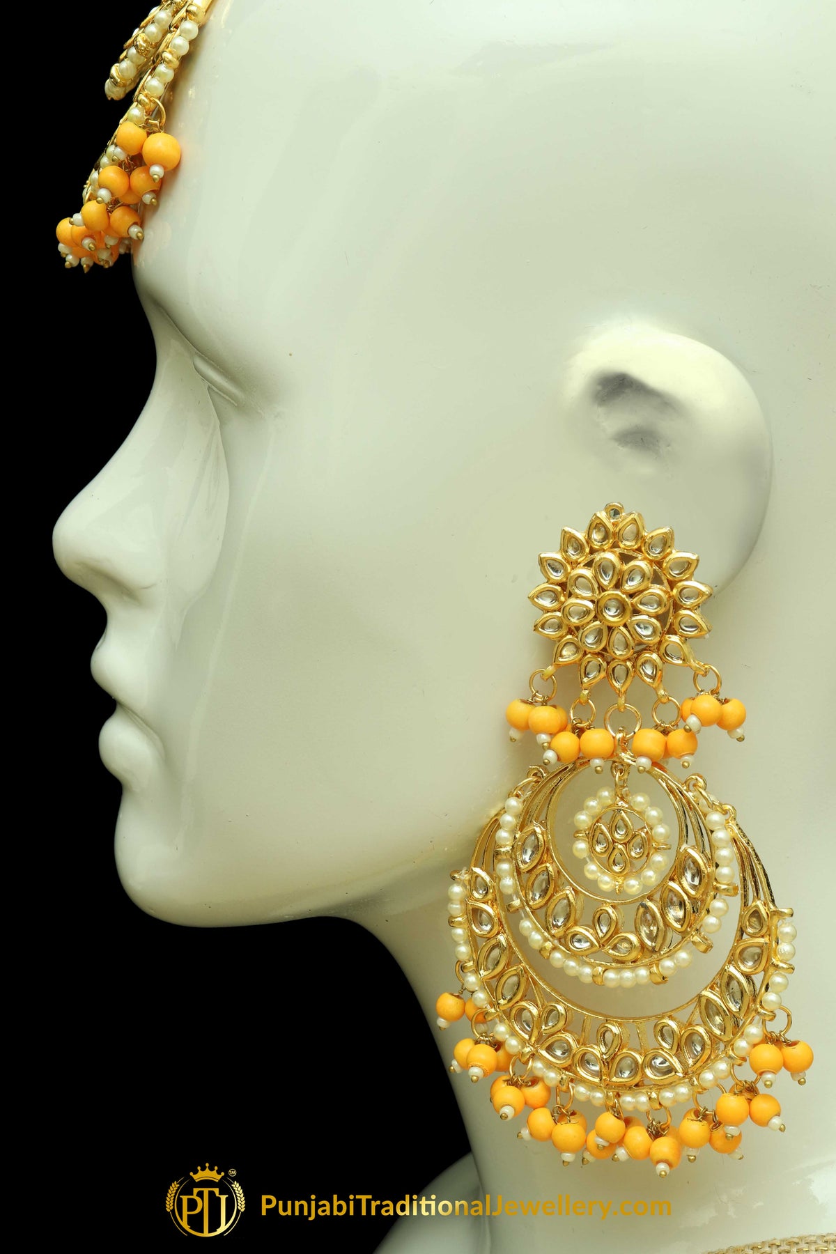Orange Kundan Earring Tikka Set By Punjabi Traditional Jewellery