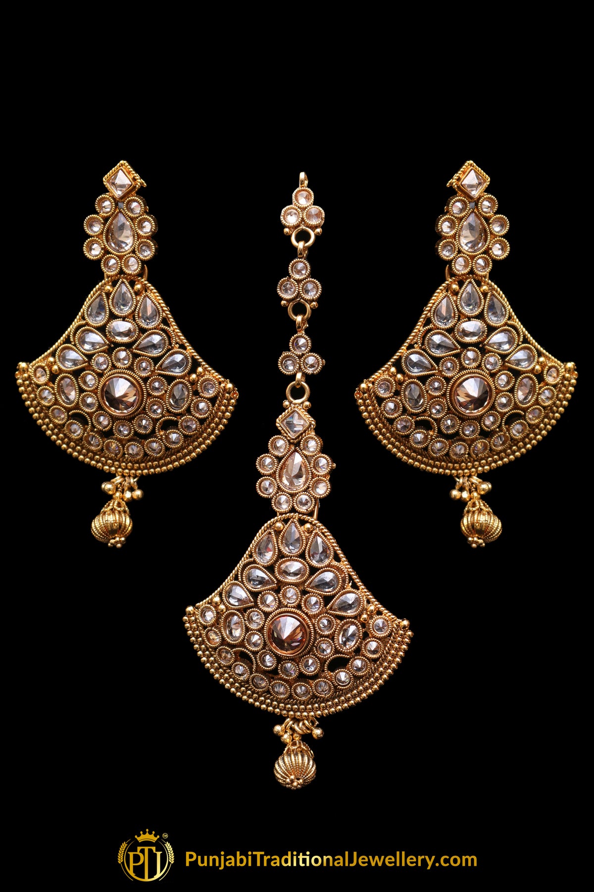 Golden Polki Earring Tikka Set By Punjabi Traditional Jewellery