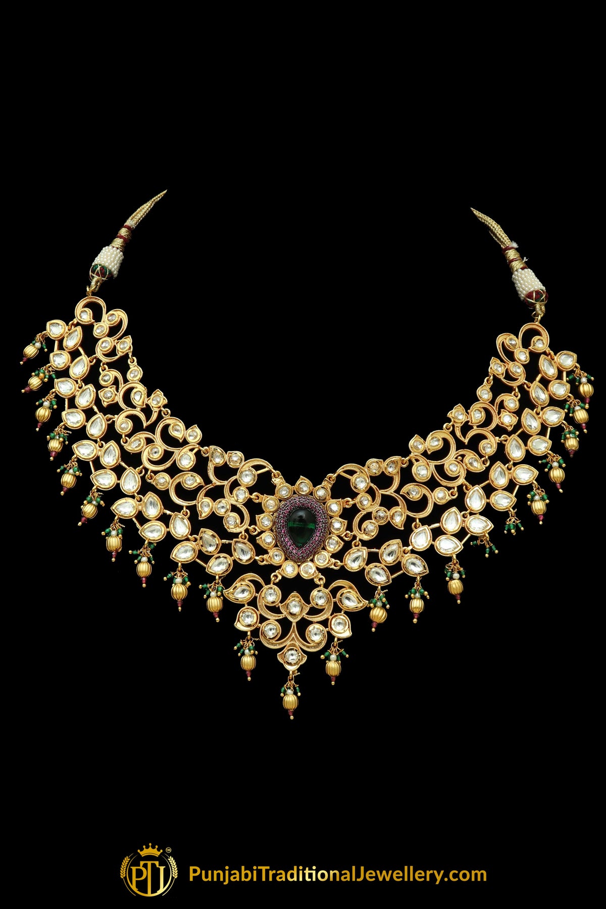Matt Gold Green Kundan Necklace Set By Punjabi Taditional Jewellery