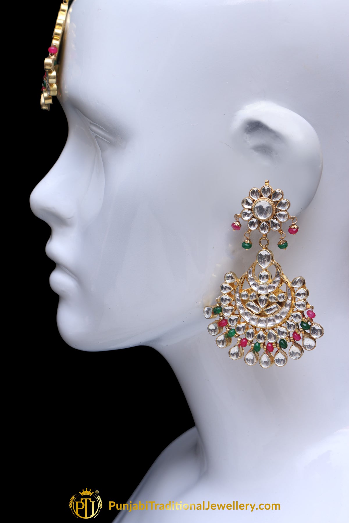Pink Green Kundan Pearl Earring Tikka Set By Punjabi Traditional Jewellery