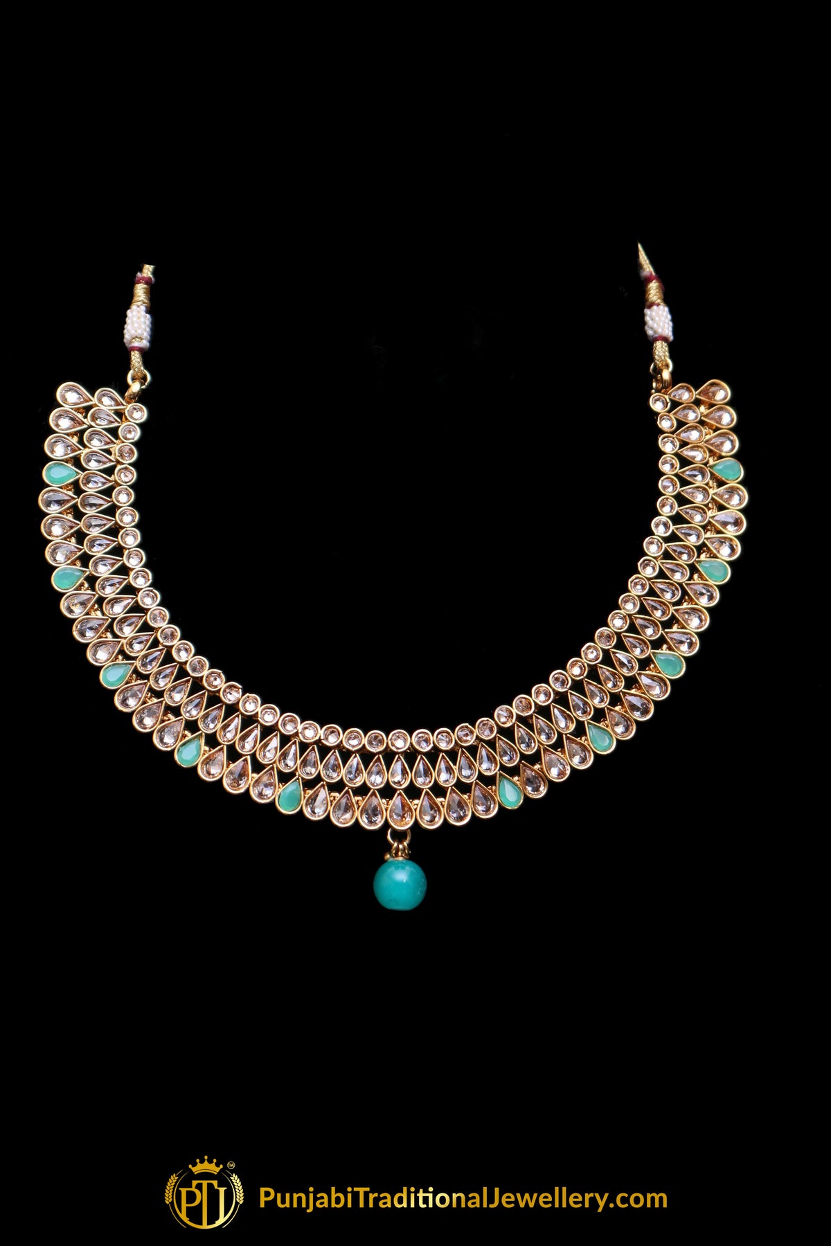 Rama Green Polki Necklace Set By Punjabi Traditional Jewellery