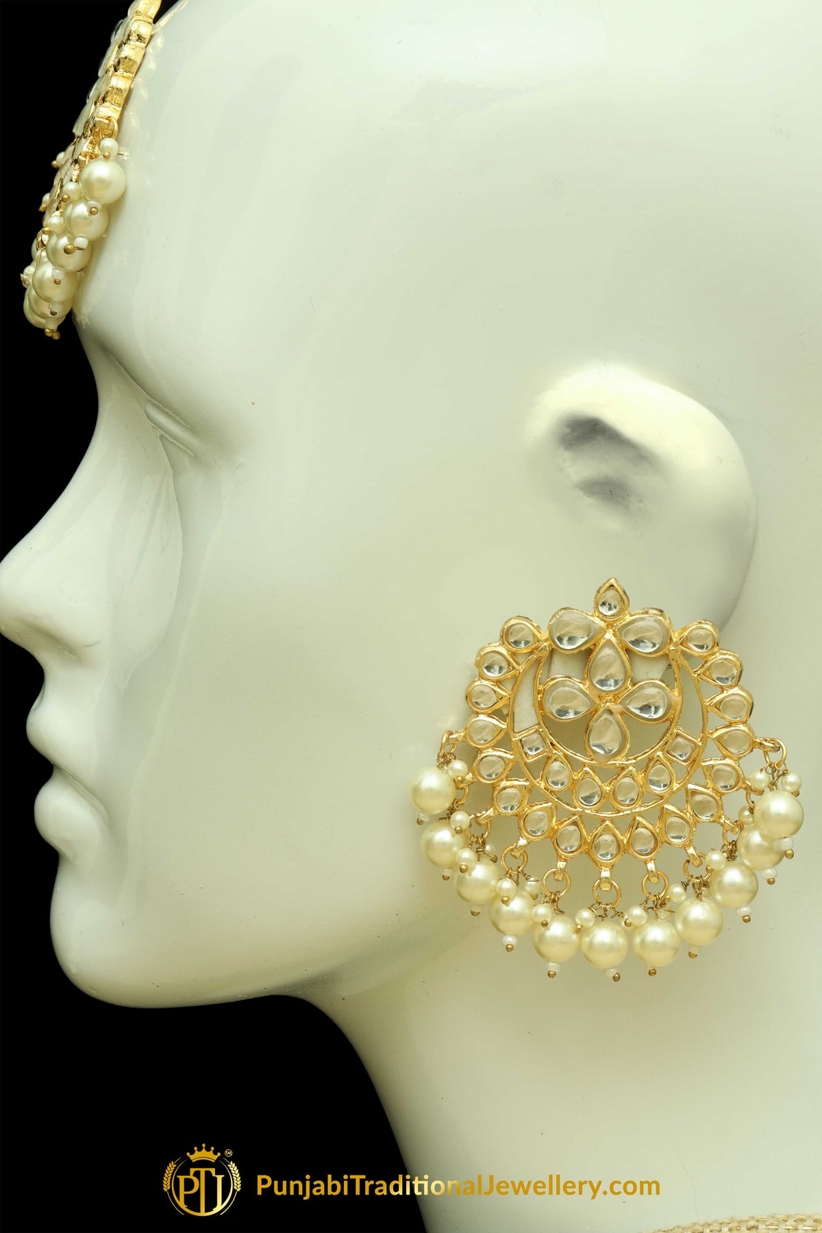 Golden Kundan Earring Tikka Set By Punjabi Traditional Jewellery