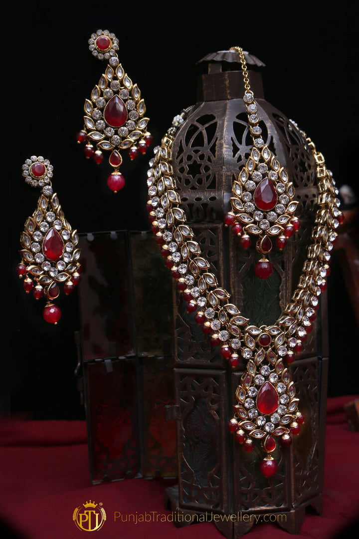 Red Kundan Necklace Set By Punjabi Traditional Jewellery
