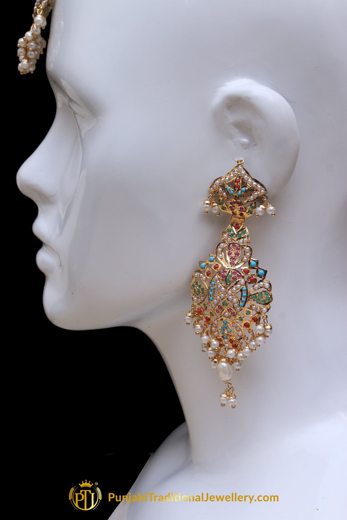 Multi Jadau Pearl Earring Tikka Set By Punjabi Traditional Jewellery