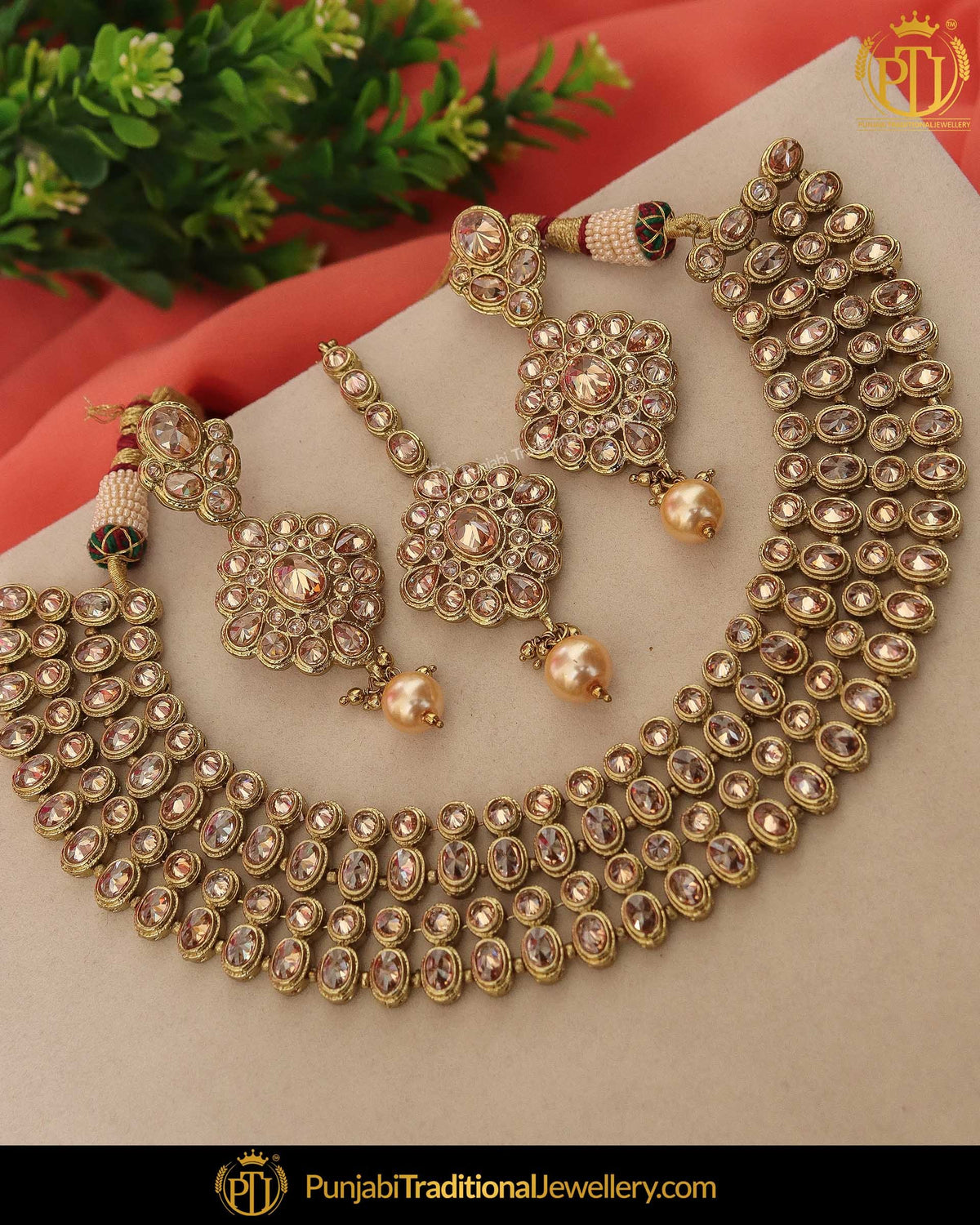Gold Finished Chamapgne Stone Pearl Necklace Set | Punjabi Traditional Jewellery Exclusive