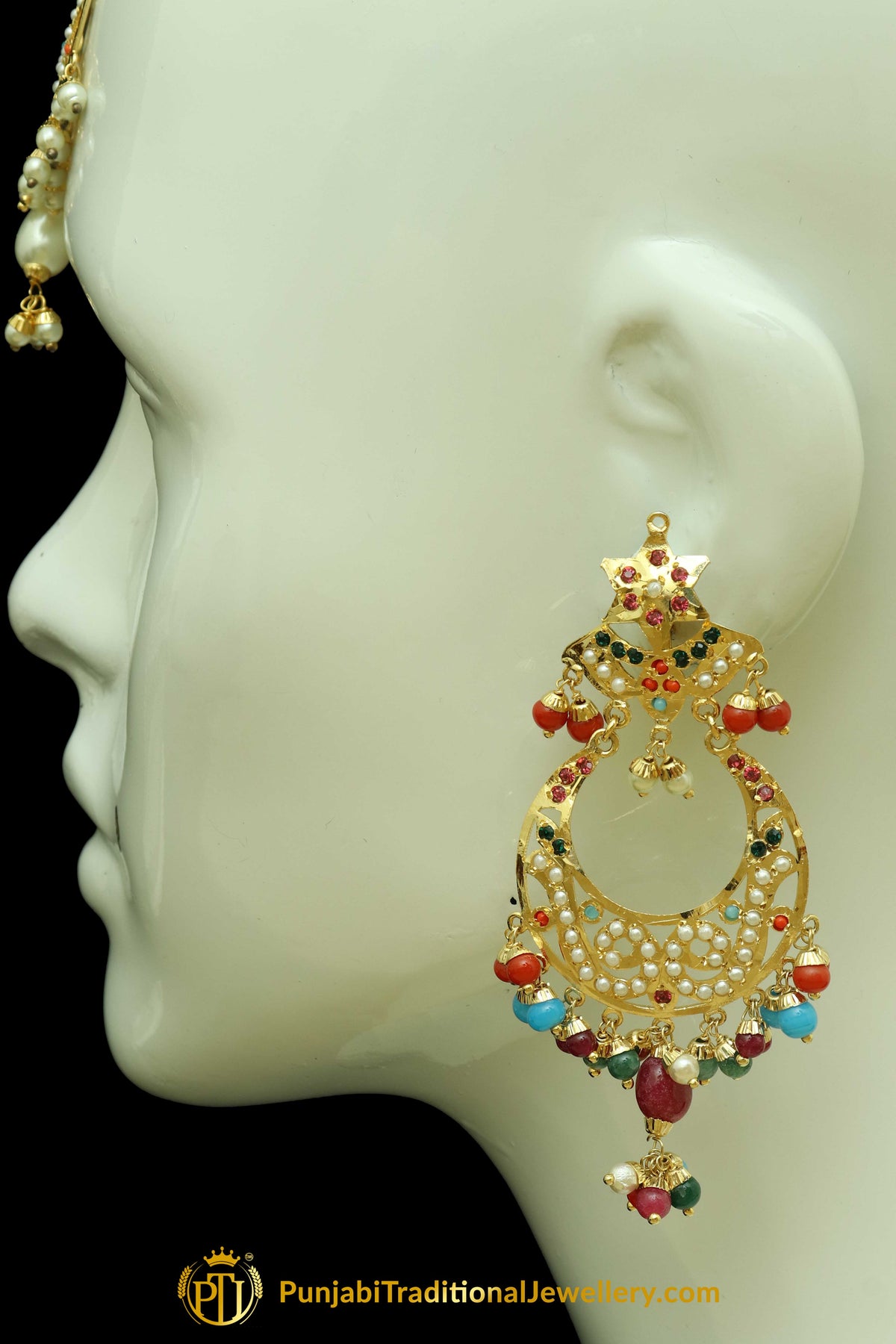 Gold Finished Navratan Jadau Earring Tikka Set By Punjabi Traditional Jewellery