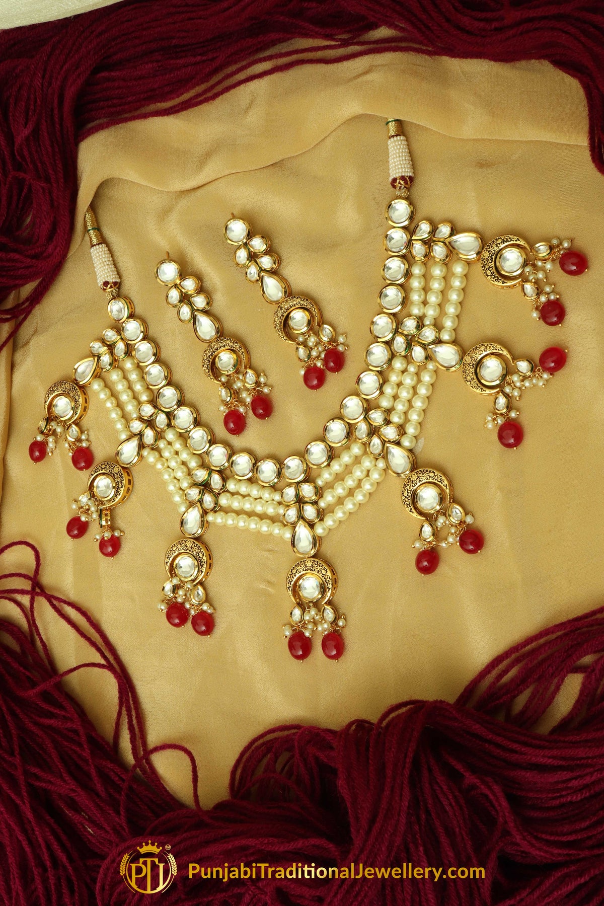 Red Kundan & Pearl Necklace Set By Punjabi Traditional Jewellery
