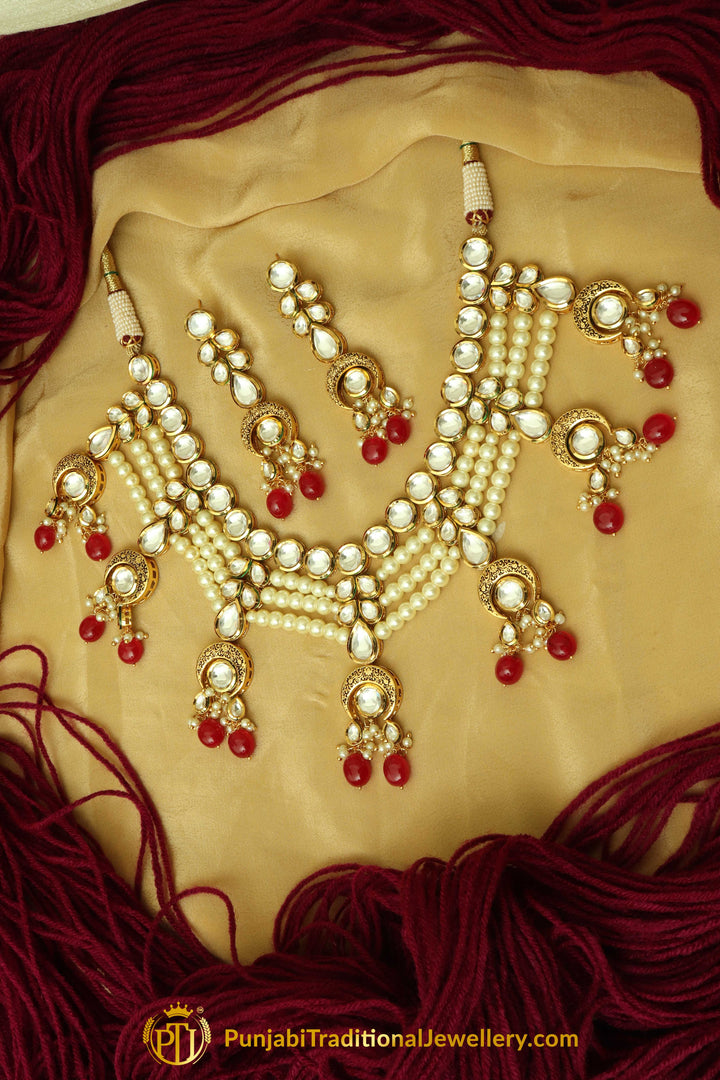 Red Kundan & Pearl Necklace Set By Punjabi Traditional Jewellery