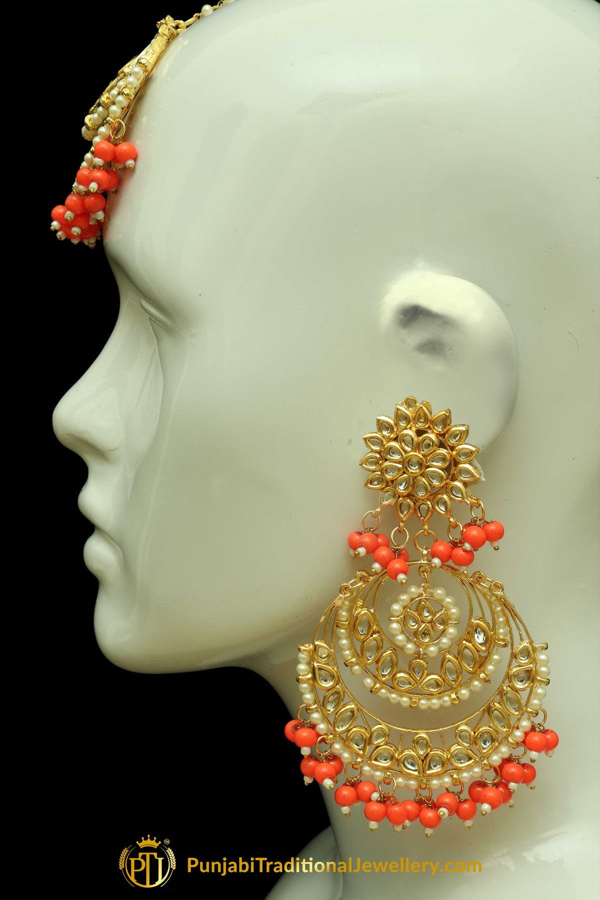 Orange Kundan Earring Tikka Set By Punjabi Traditional Jewellery