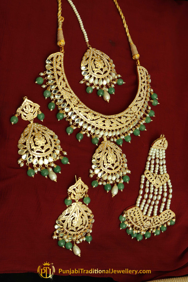 Green Jadau Kundan Necklace Set With Passa By Punjabi Traditional Jewellery