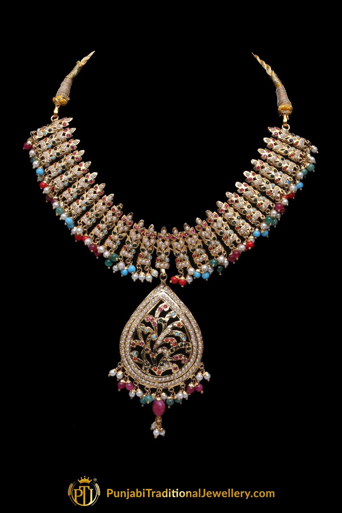 Multi Jadau Pearl Necklace Set By Punjabi Traditional Jewellery