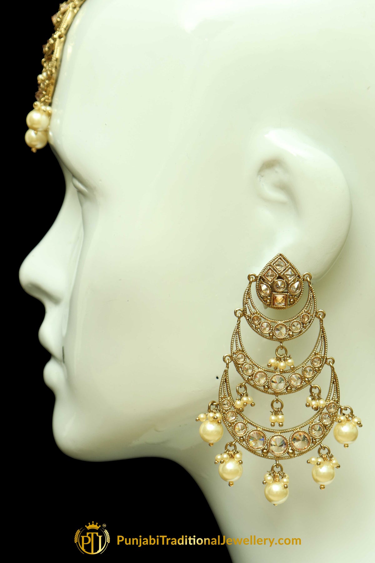 Gold Finished Champagne Stone & Pearl Earring Tikka Set By Punjabi Traditional Jewellery
