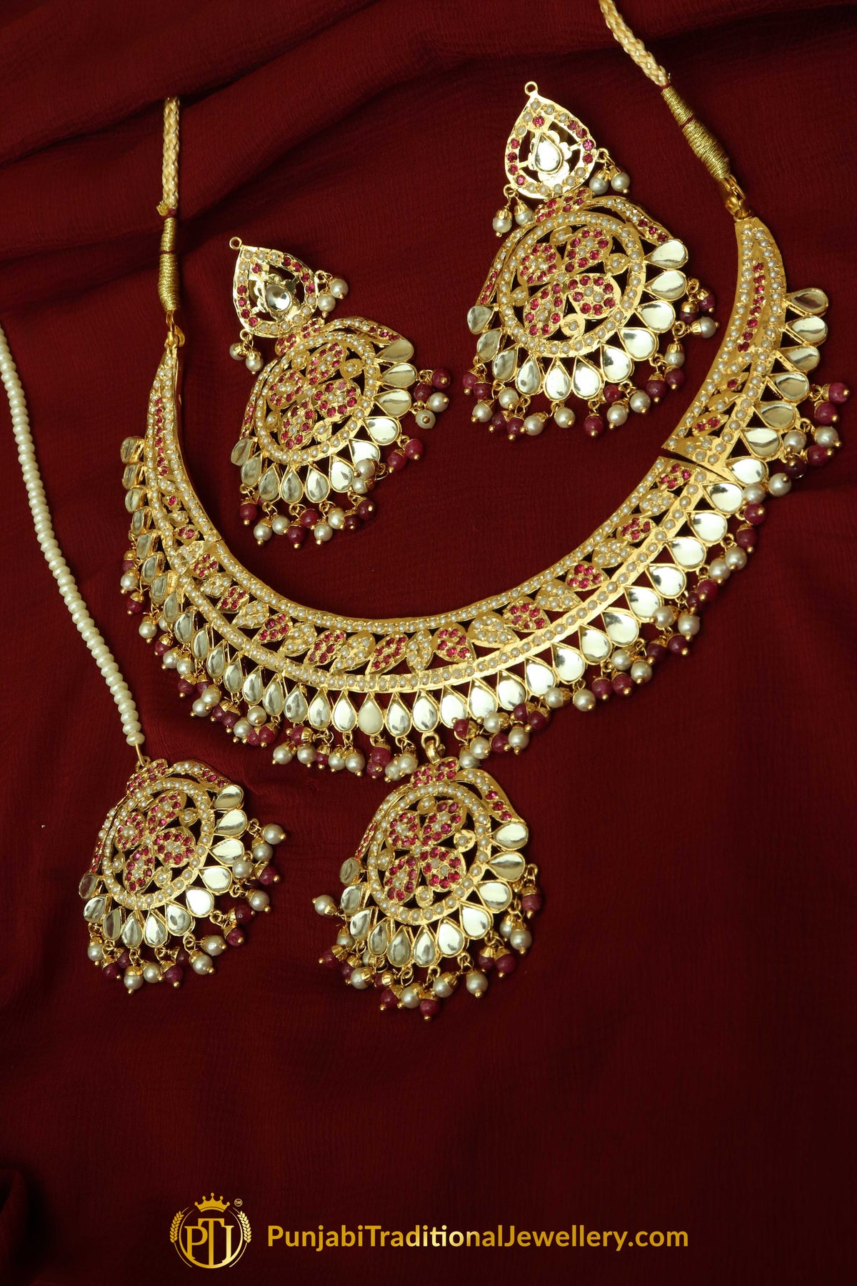Red Kundan Jadau Necklace Set By Punjabi Traditional Jewellery
