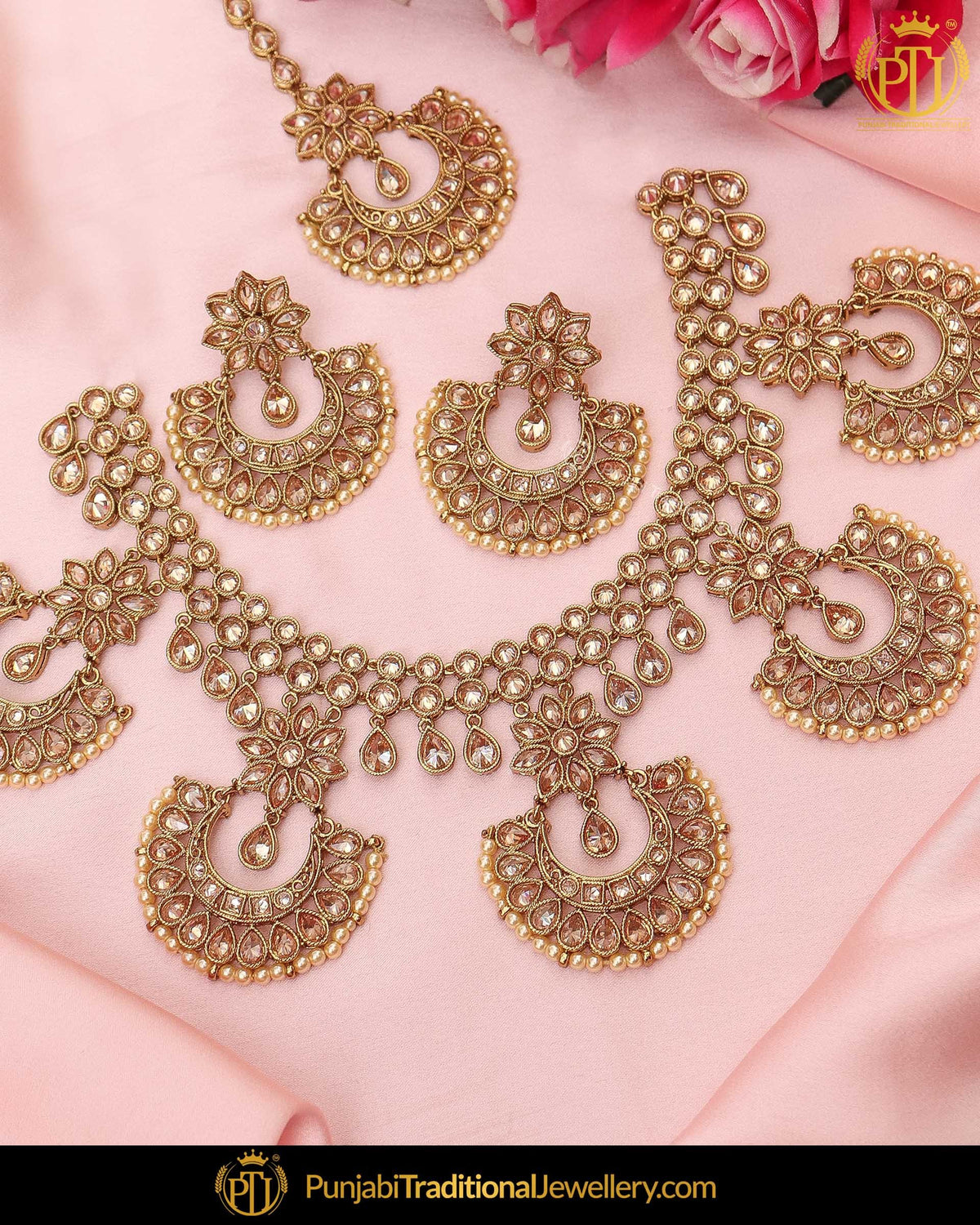Gold Finished Champagne Stone Pearl Choker Necklace Set | Punjabi Traditional Jewellery Exclusive