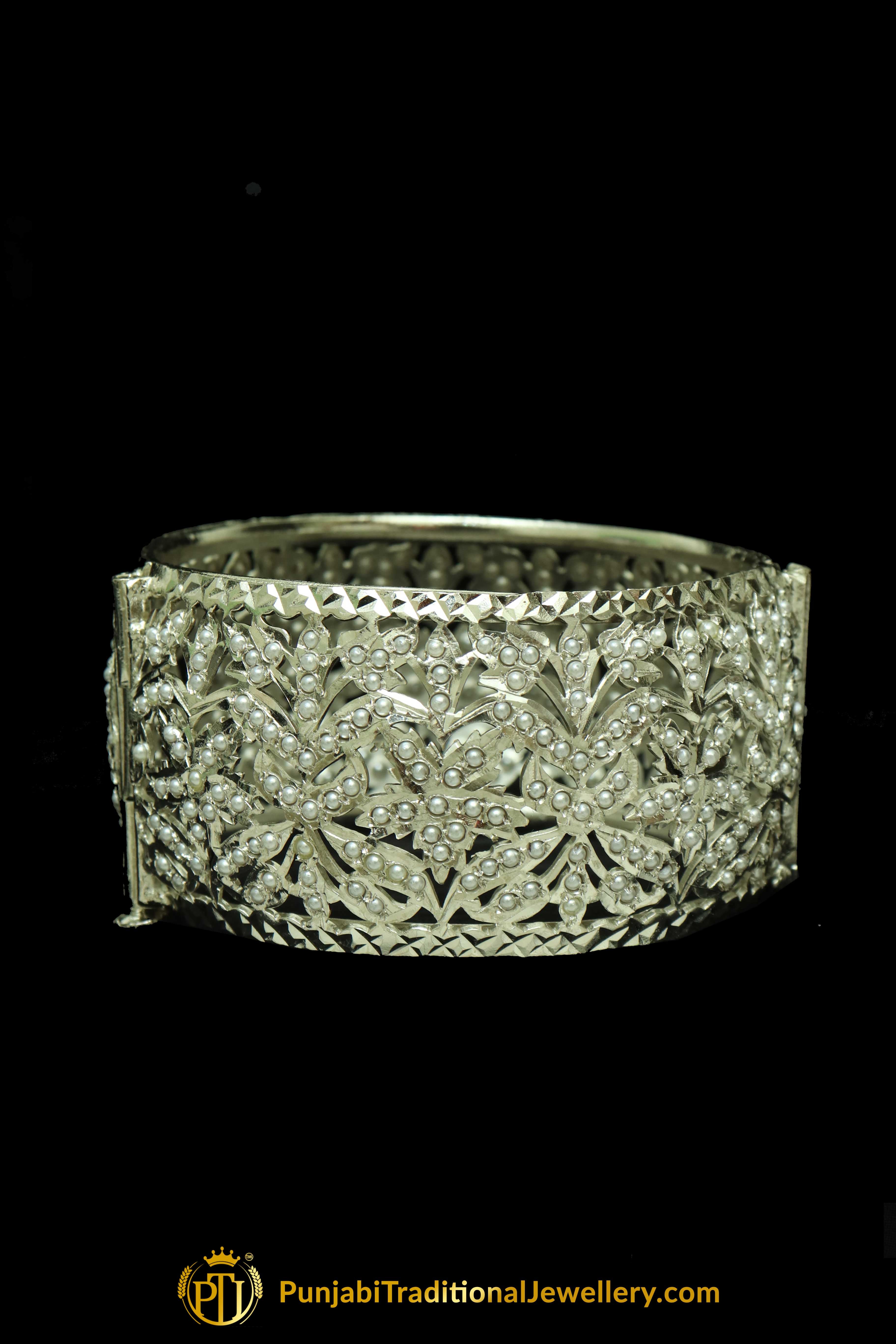 Silver Finished Pearl Jadau Free Karra Bangles (Pair) By Punjabi Traditional Jewellery