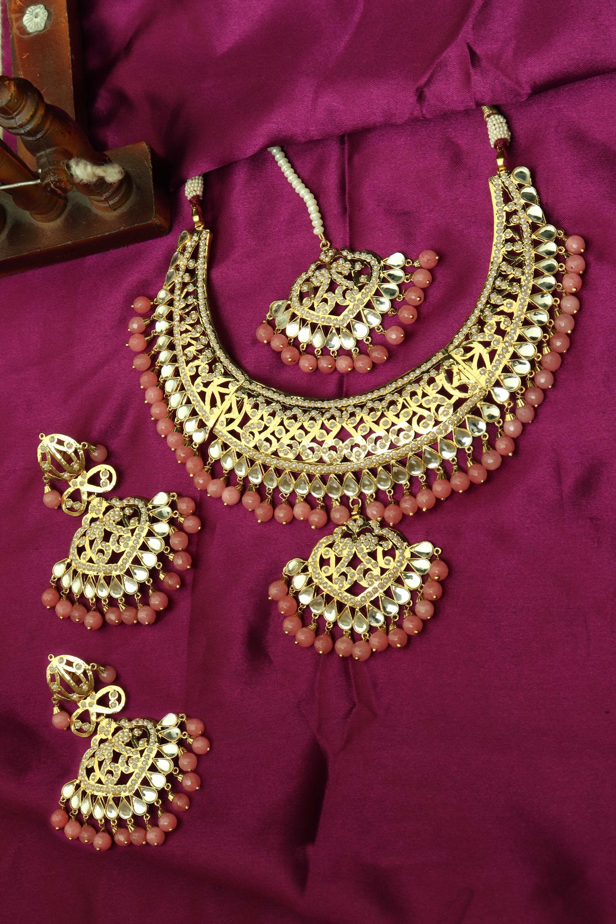 Gold Finished Baby Pink Jadau/Kundan Necklace Set By Punjabi Traditional Jewellery