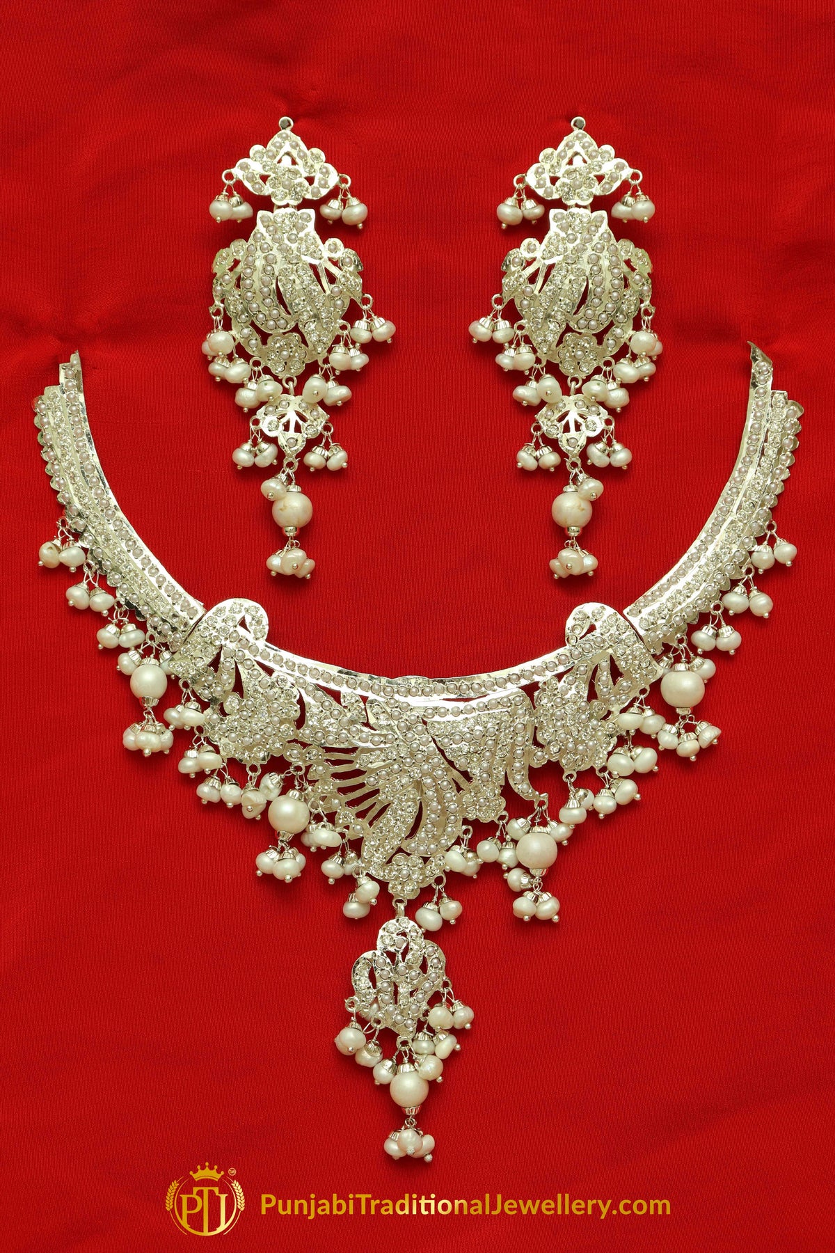 Silver Finished Pearl Jadau Necklace Set By Punjabi Traditional Jewellery