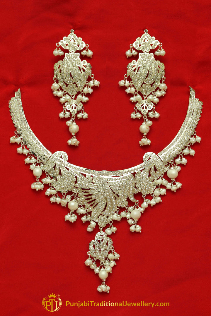Silver Finished Pearl Jadau Necklace Set By Punjabi Traditional Jewellery