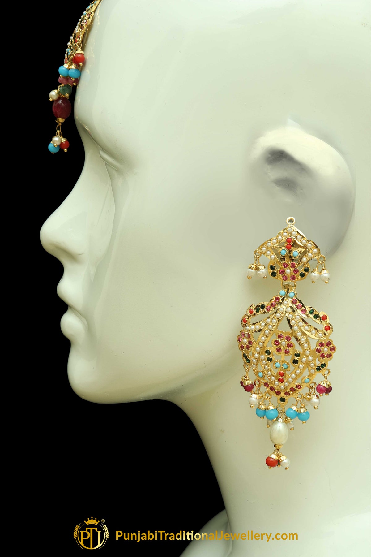 Multi Jadau Pearl Earring Tikka Set By Punjabi Traditional Jewellery