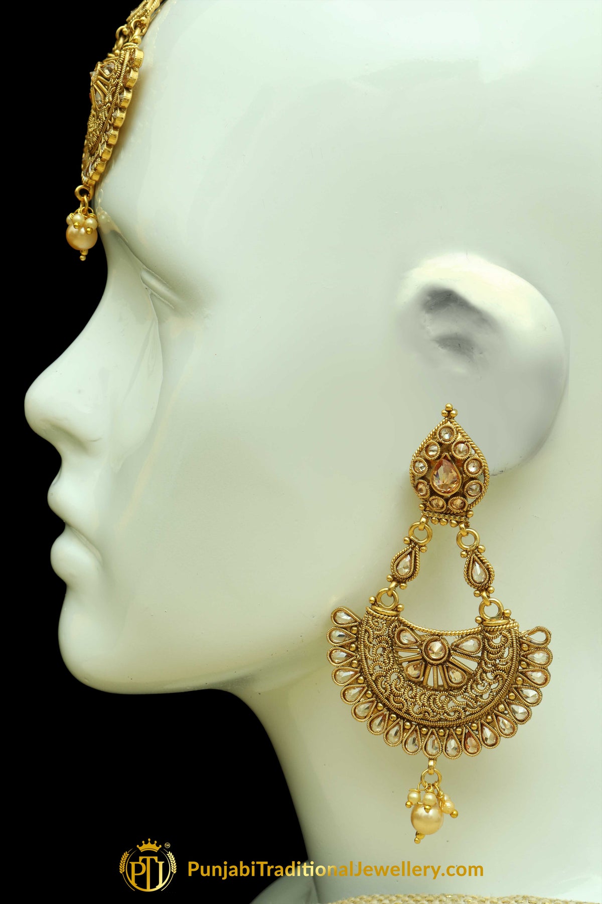 Golden Polki Earrings Tikka Set By Punjabi Traditional Jewellery
