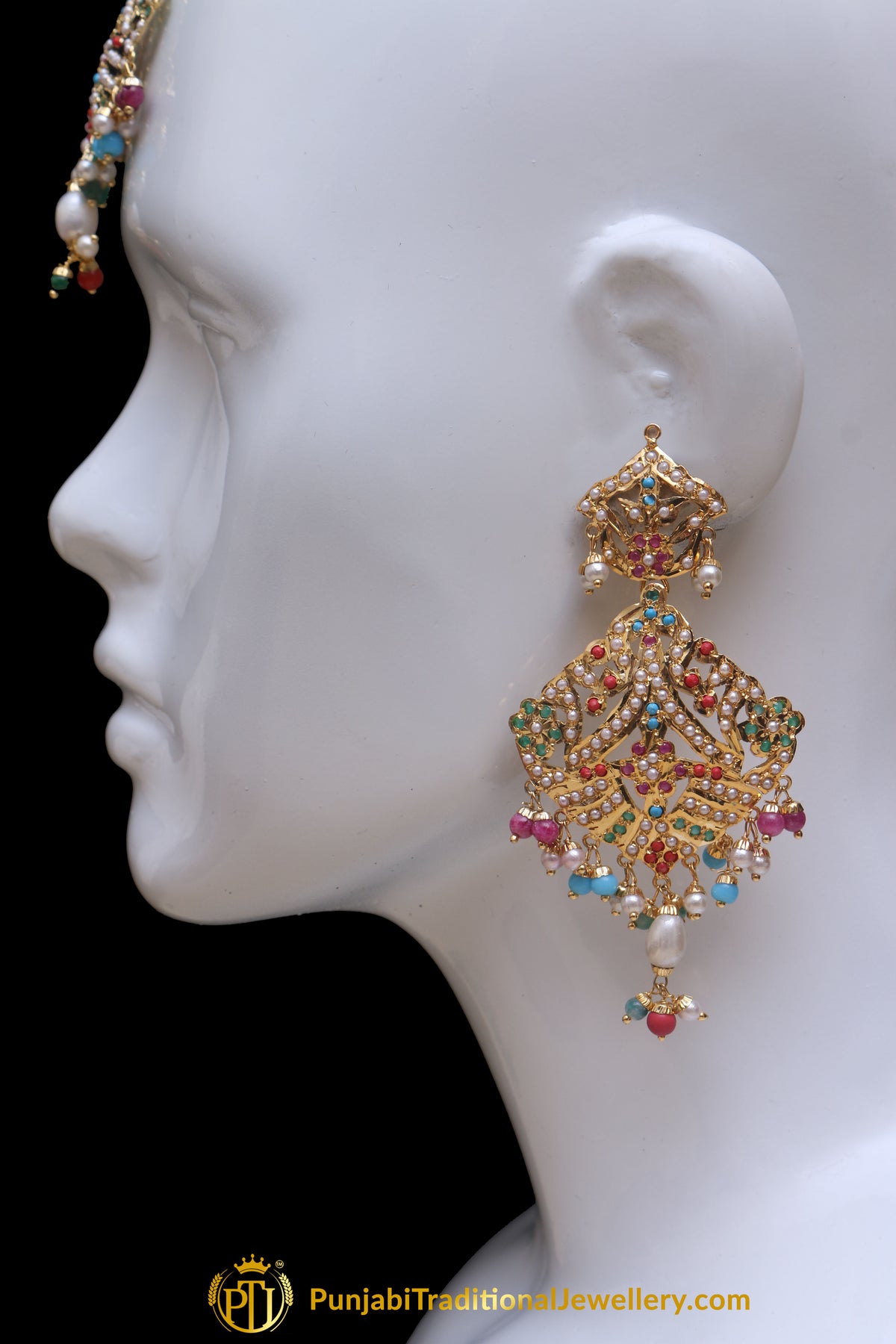 Multi Jadau Pearl Earring Tikka Set By Punjabi Traditional Jewellery