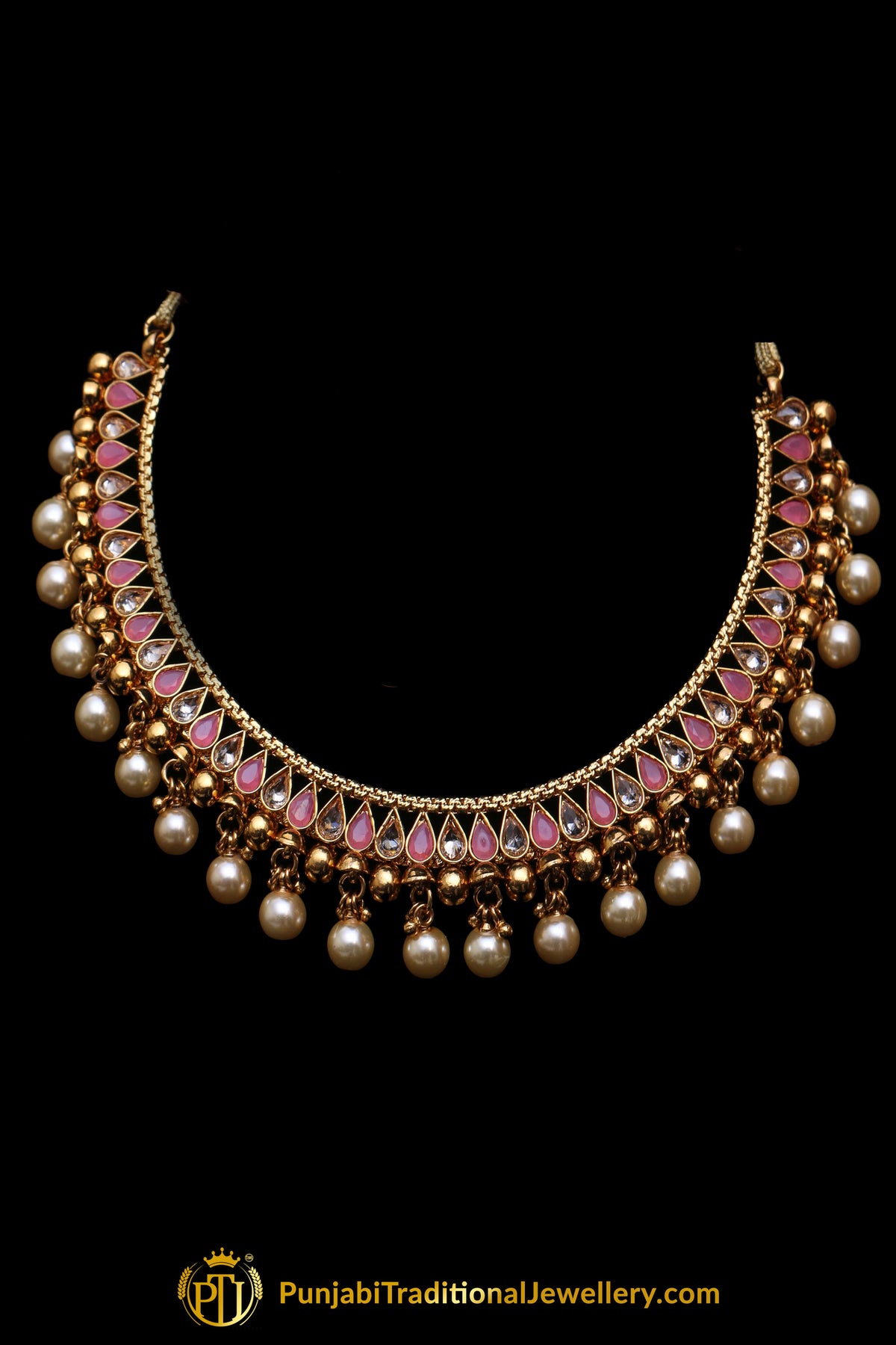 Pink Polki Pearl Necklace Set By Punjabi Taditional Jewellery