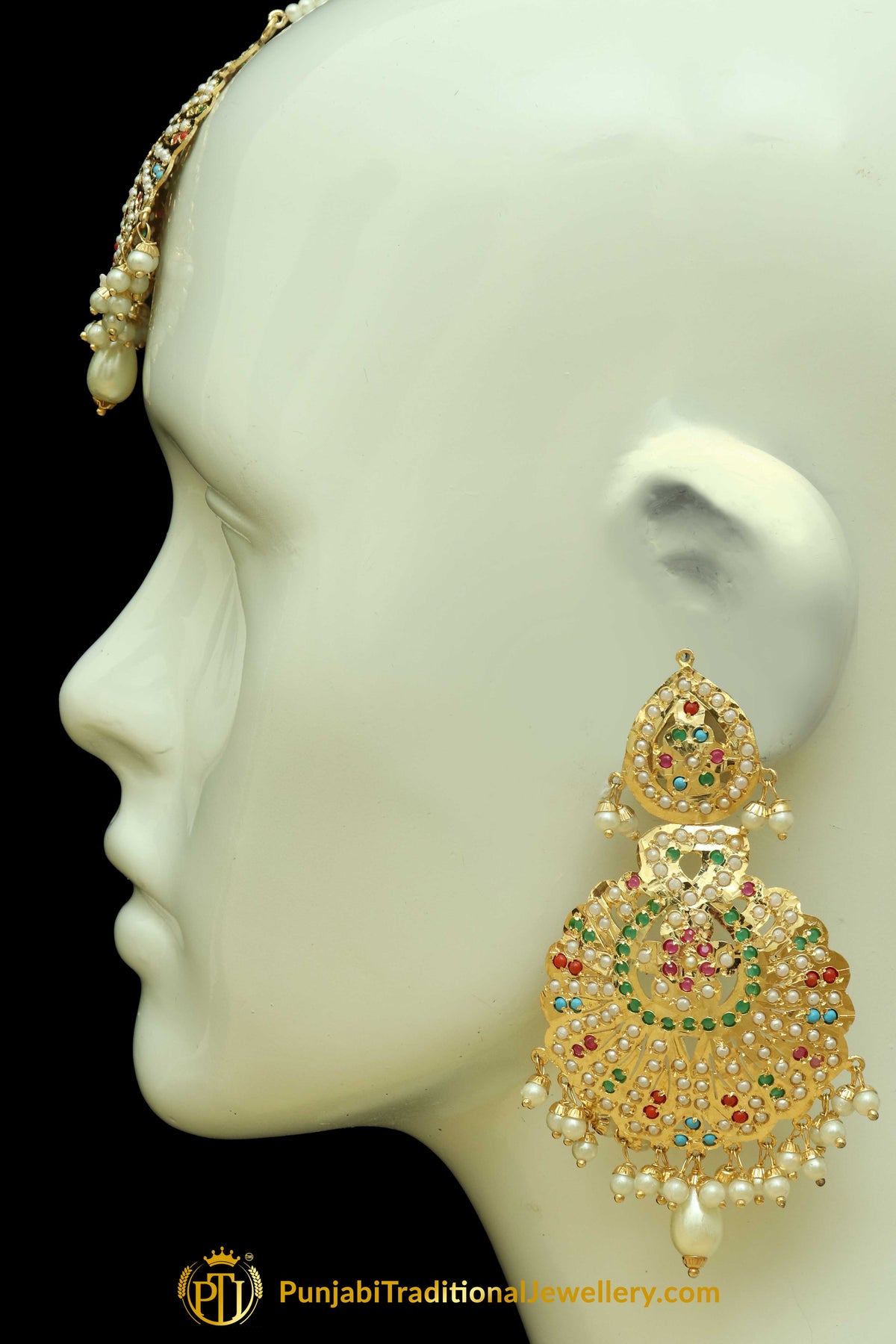 Multi Jadau Pearl Earring Tikka Set By Punjabi Traditional Jewellery