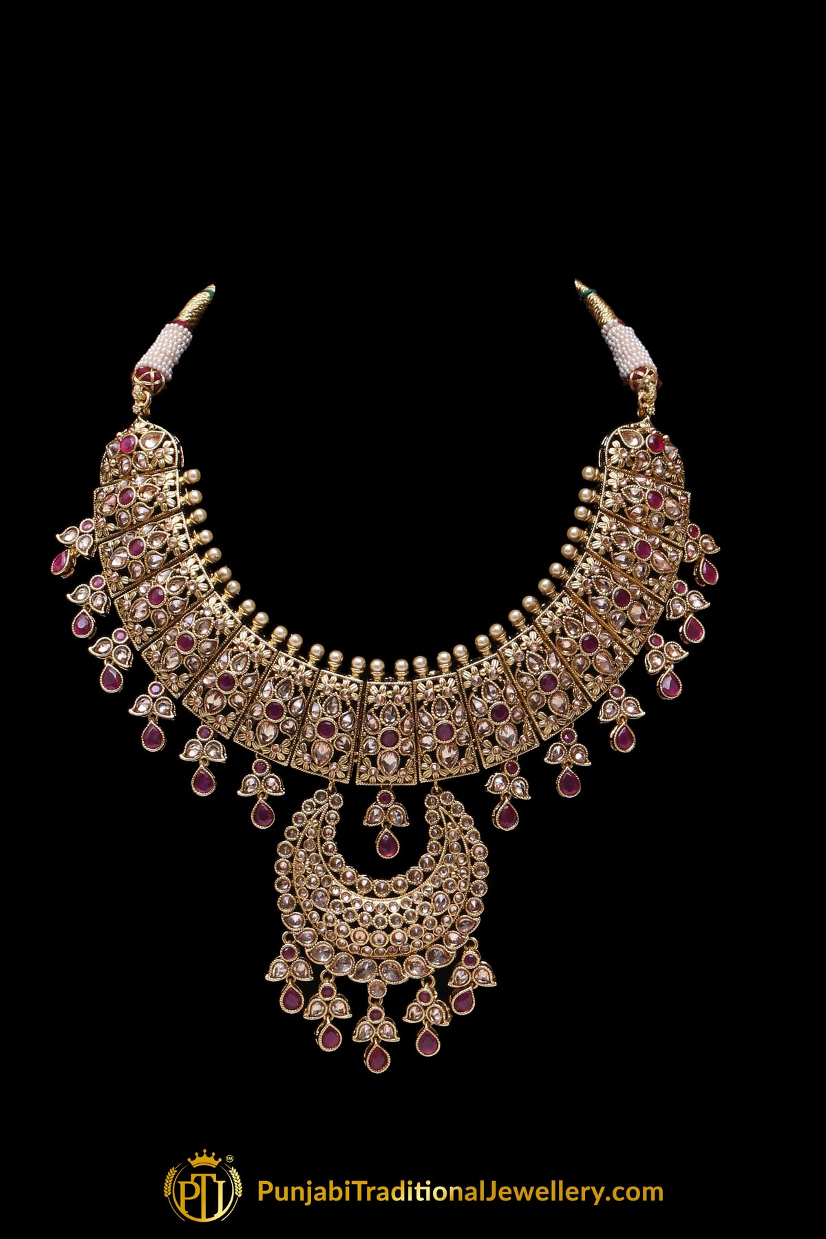 Red Pearl Champagne Stone Necklace Set By Punjabi Traditional Jewellery