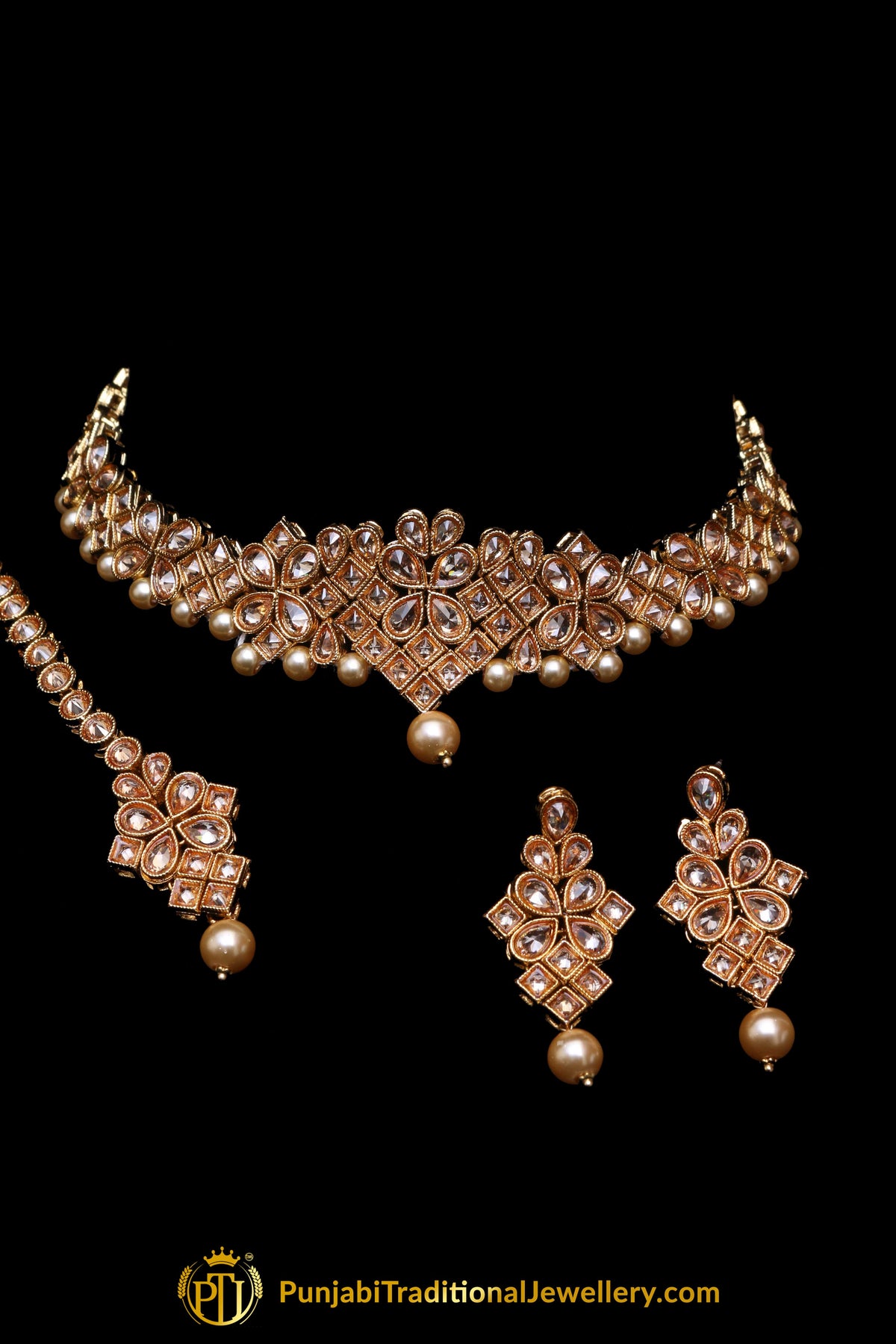 Pearl Champagne Stone Necklace Set By Punjabi Taditional Jewellery