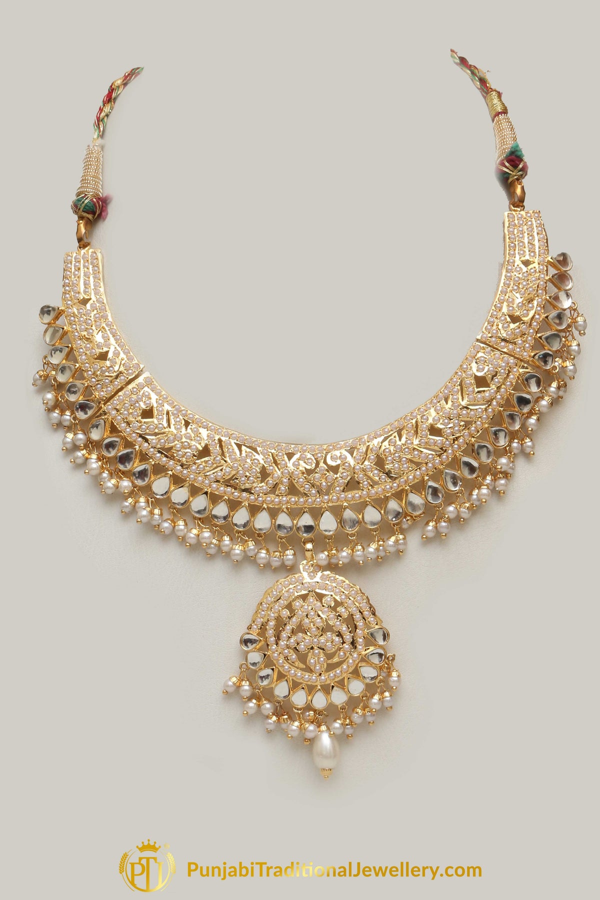 Golden Jadau Pearl Kundan Necklace Set By Punjabi Taditional Jewellery