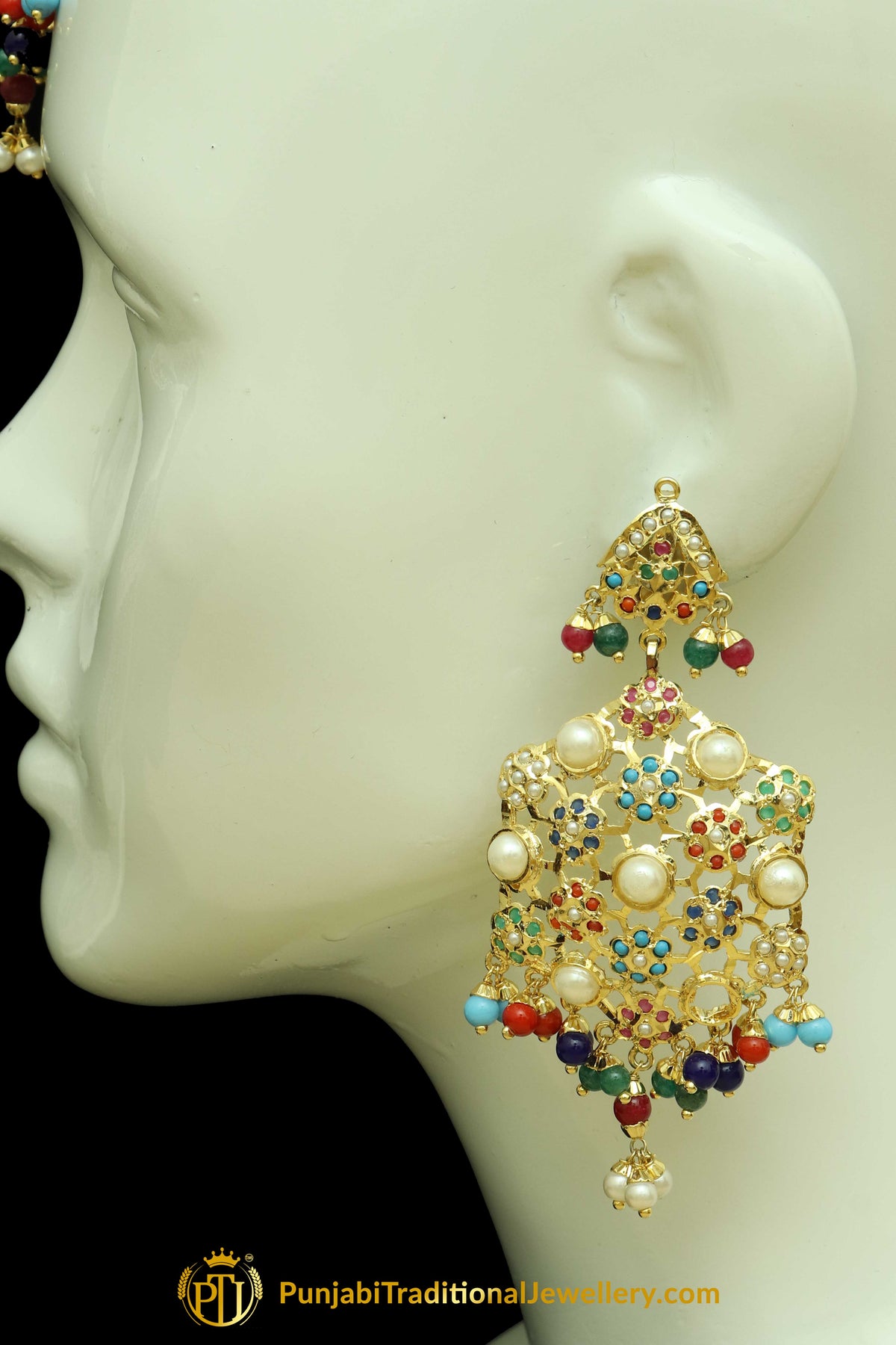 Gold Finished Navratan Jadau Earring Tikka Set By Punjabi Traditional Jewellery