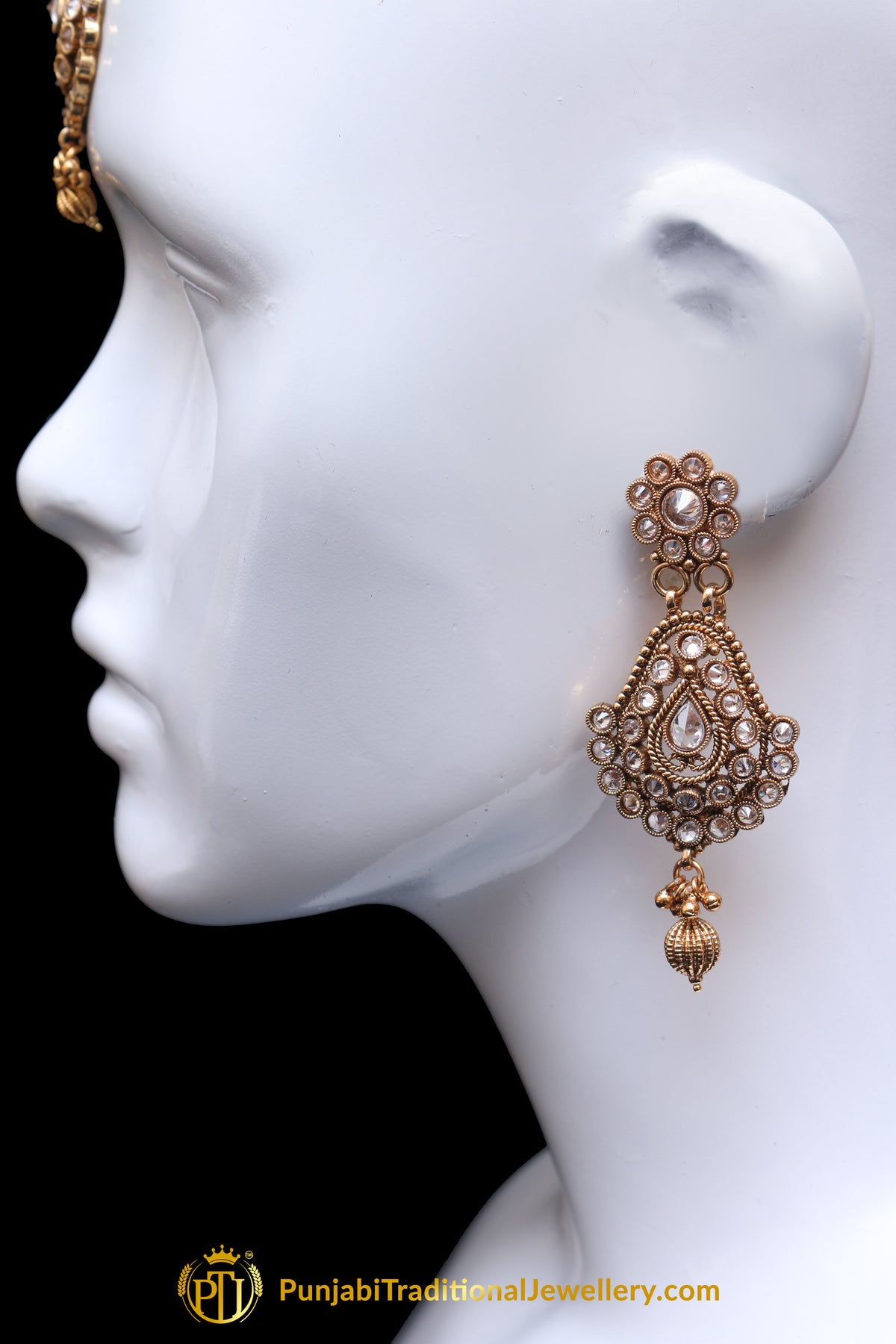 Golden Polki Earring Tikka Set By Punjabi Traditional Jewellery