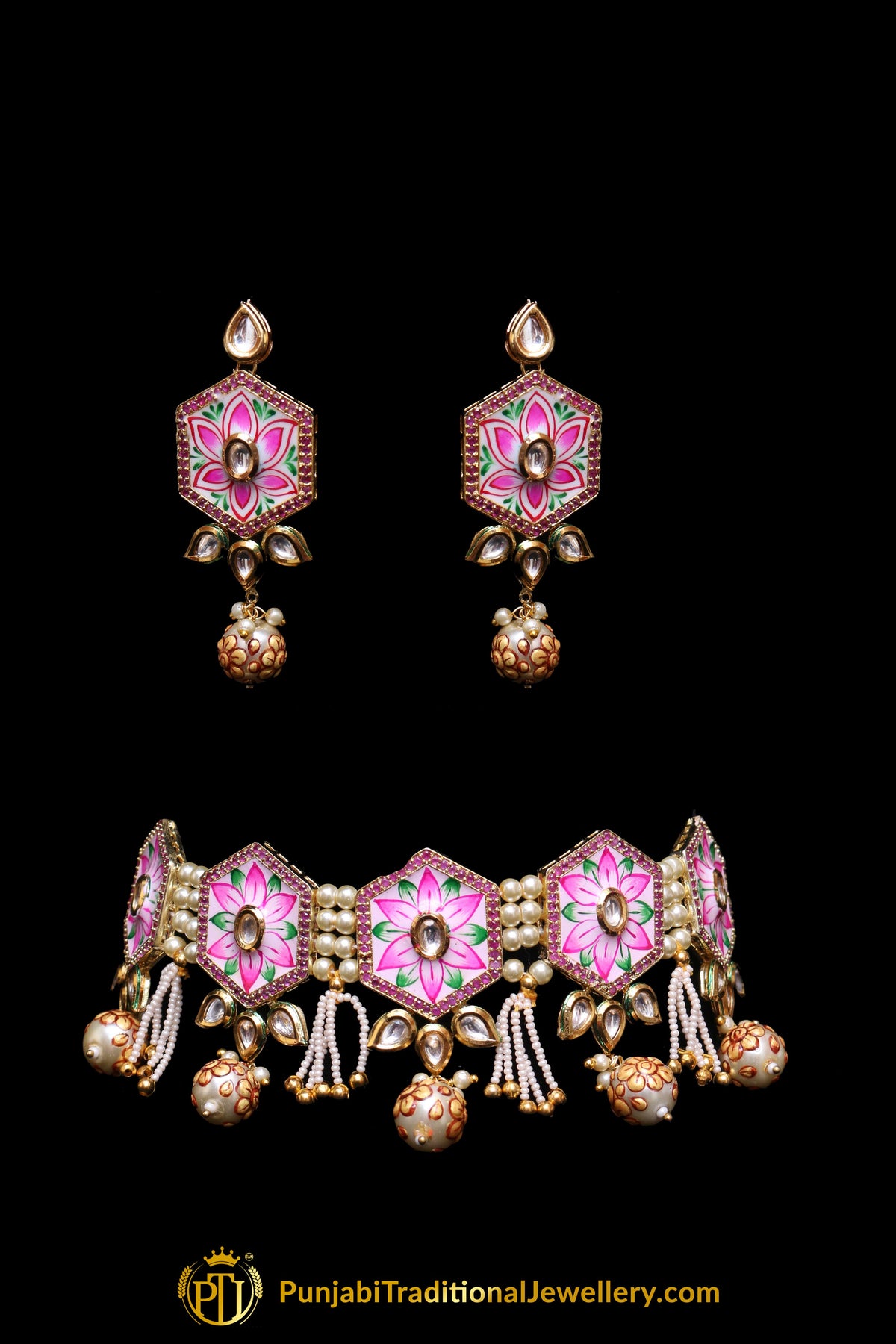 Pink Kundan Mala Meena Necklace Set By Punjabi Taditional Jewellery