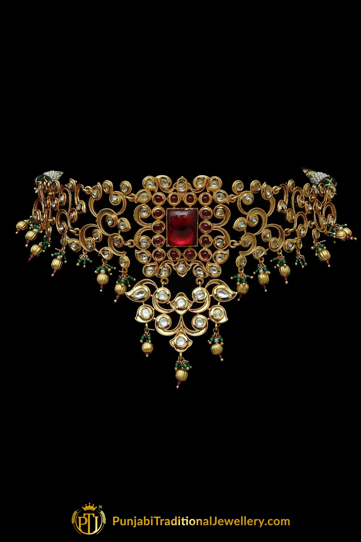 Matt Gold Green Red Polki Choker Necklace Set | Punjabi Traditional Jewellery Exclusive