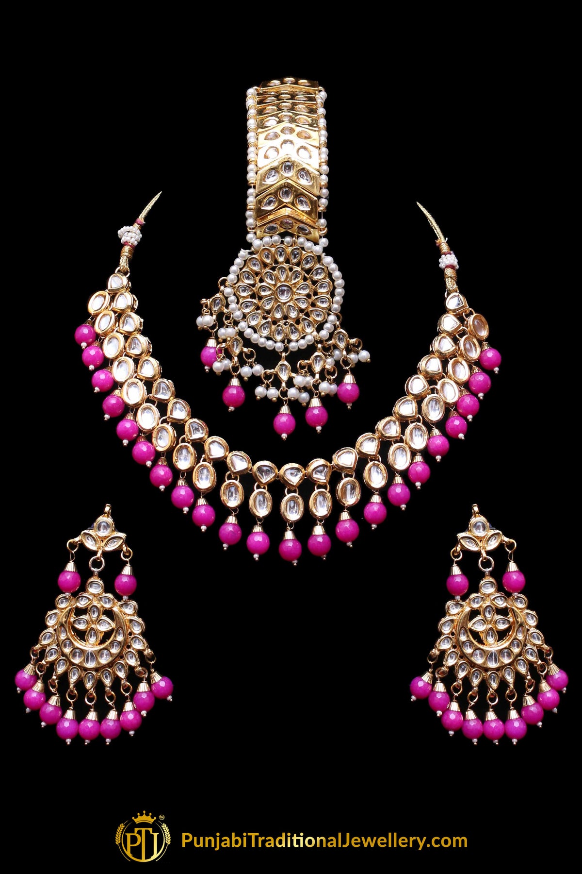 Pink Pearl Kundan Necklace Set Punjabi Traditional Jewellery