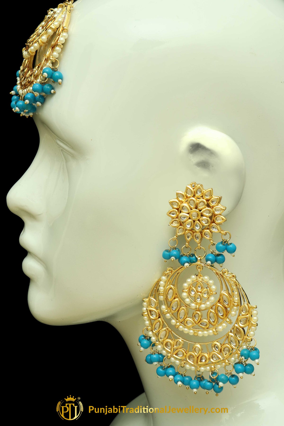 Firozi Kundan Earring Tikka Set By Punjabi Traditional Jewellery