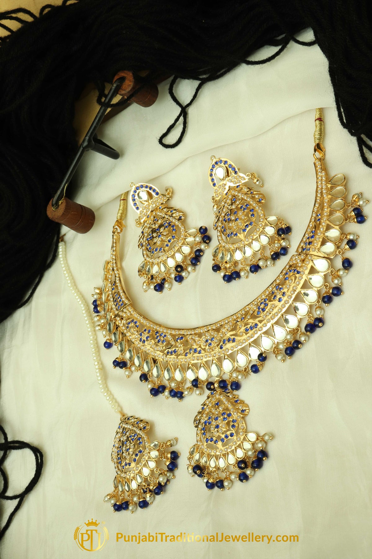 Blue Jadau Necklace Set By Punjabi Traditional Jewellery