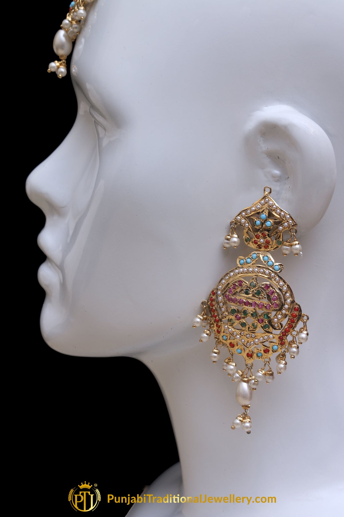 Multi Jadau Pearl Earring Tikka Set By Punjabi Traditional Jewellery