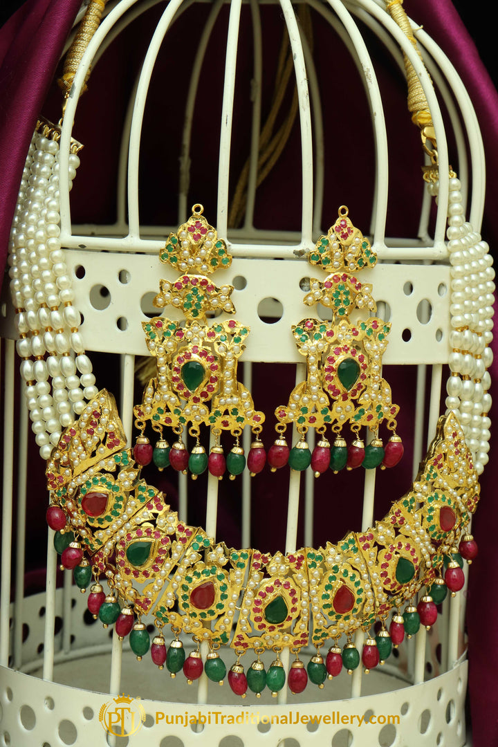 Red & Green Jadau Necklace Set By Punjabi Traditional Jewellery