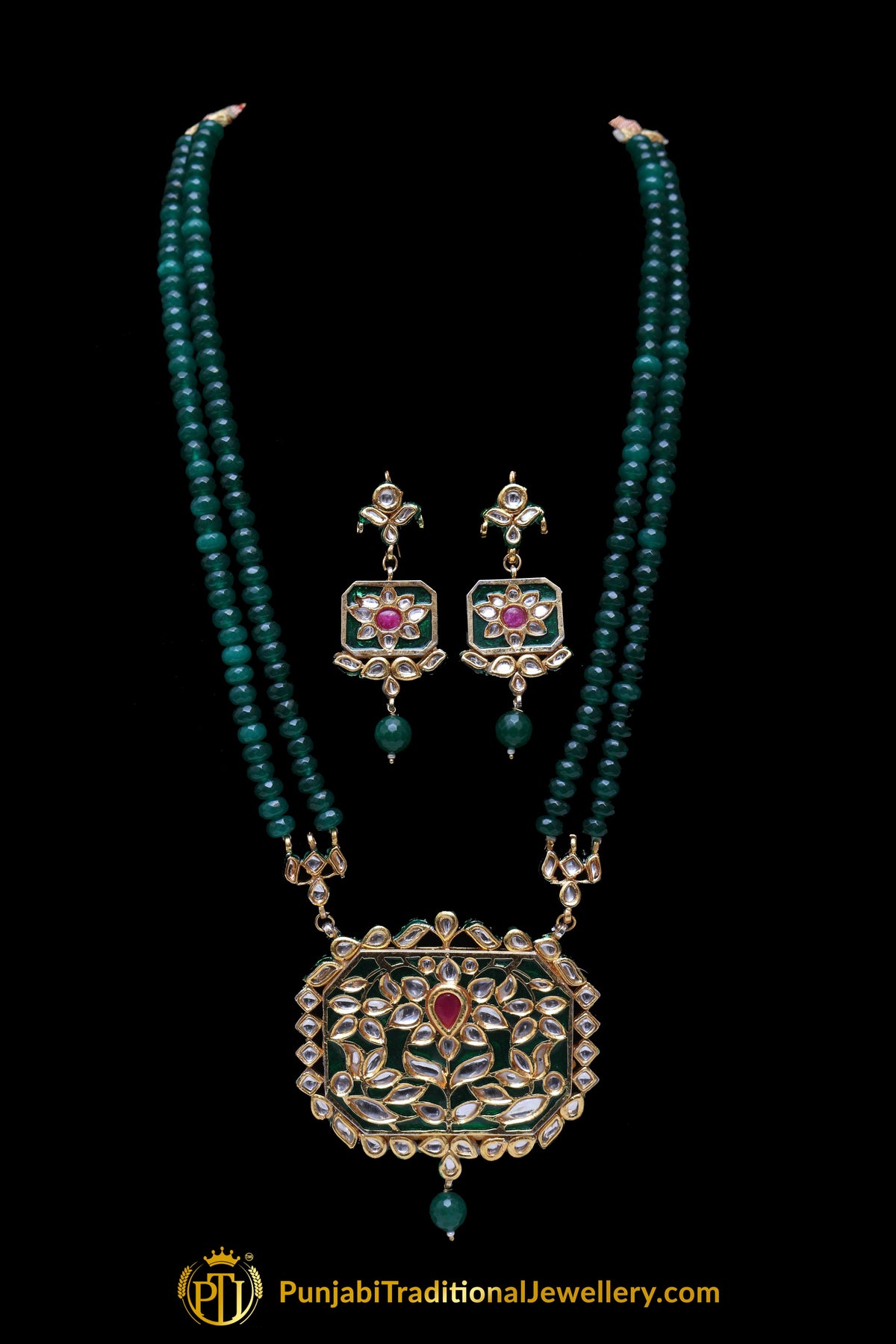 Green Red Kundan Meena Necklace Set By Punjabi Traditional Jewellery