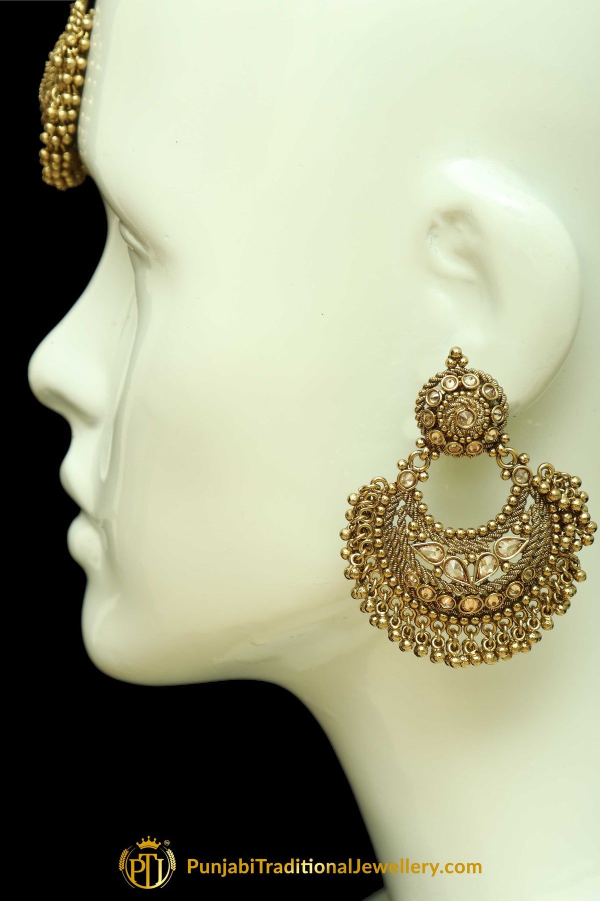 Gold Finished Champagne Stone Earring Tikka Set By Punjabi Traditional Jewellery