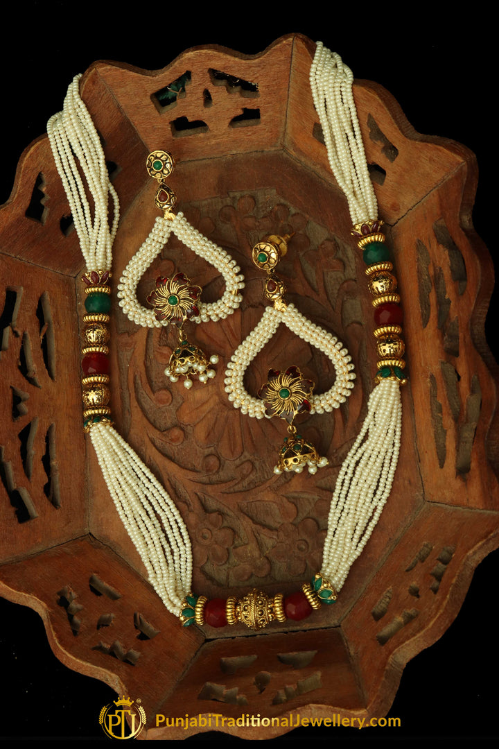 Rubby Panna Pearl Jodha Mala Necklace Set By Punjabi Traditional Jewellery