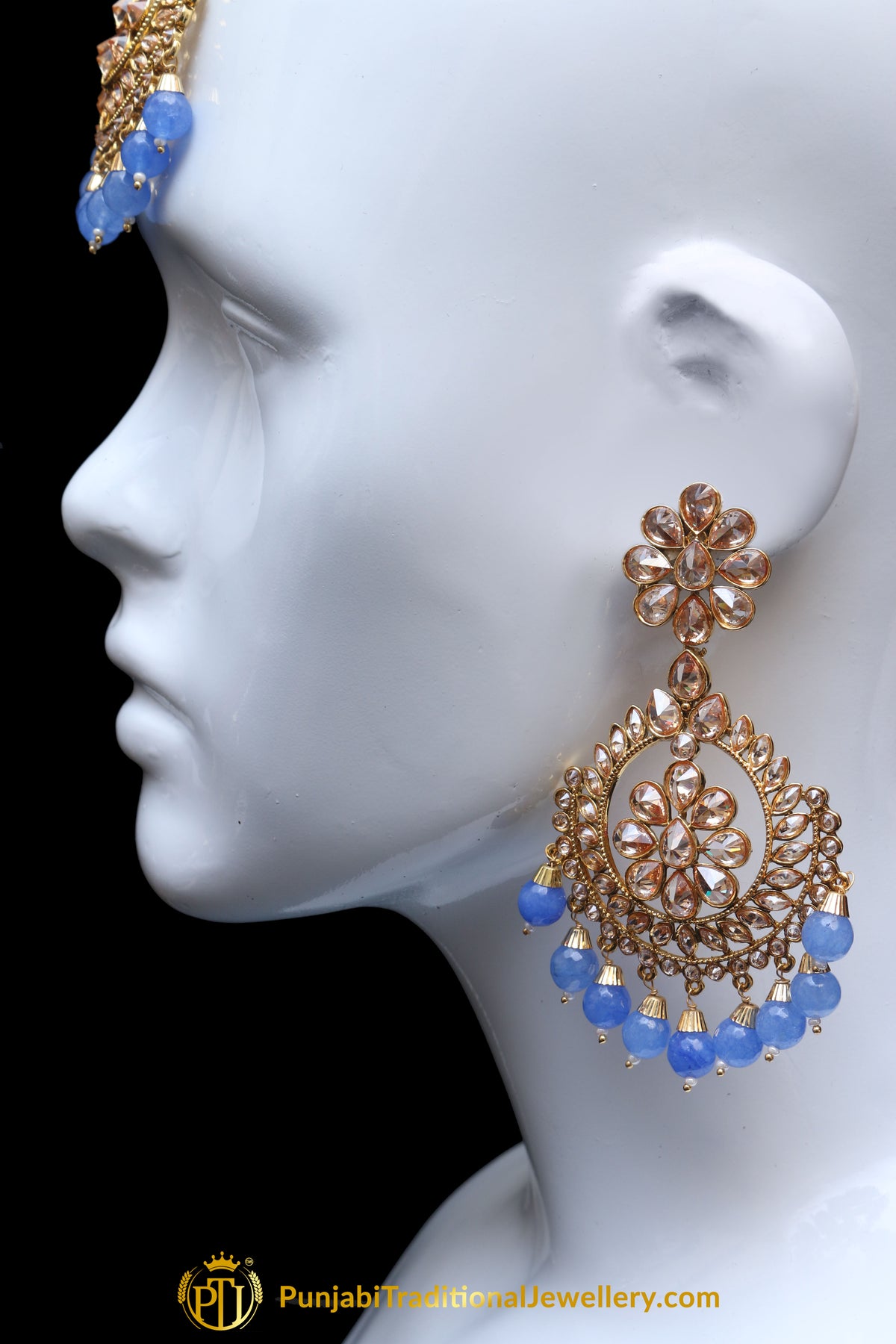 Firozi Champagne Stone Earring Tikka Set By Punjabi Traditional Jewellery